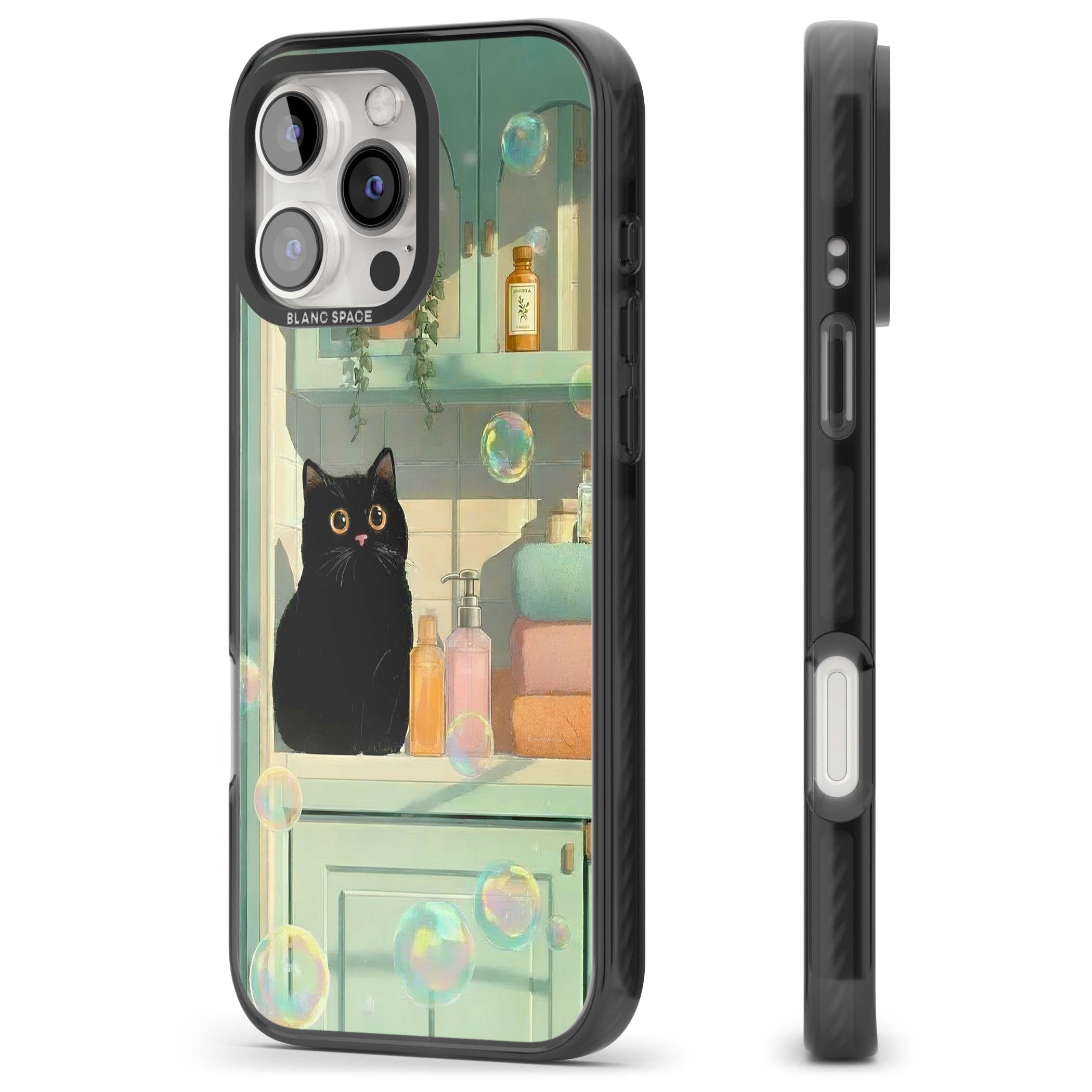 Bathroom Bubble Kitty cottagecore iPhone case featuring a black cat, mint bathroom scene and floating soap bubbles | Black Impact case for iPhone 16 Pro, iPhone 16 Pro Max