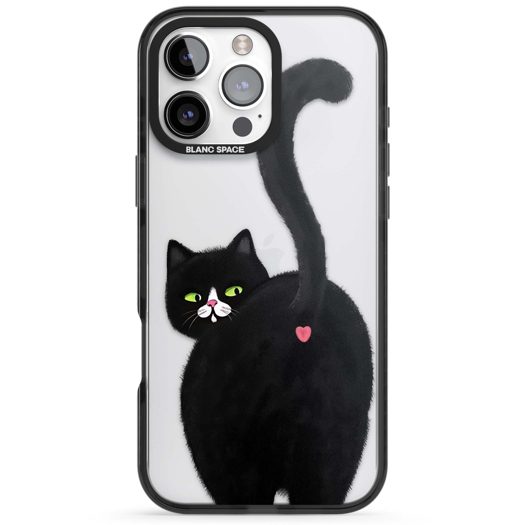 The Cat's Kiss cute cat iPhone case featuring a hand-painted tuxedo kitty with green eyes and a pink heart on a clear  | Black Impact case for iPhone 16 Pro, iPhone 16 Pro Max