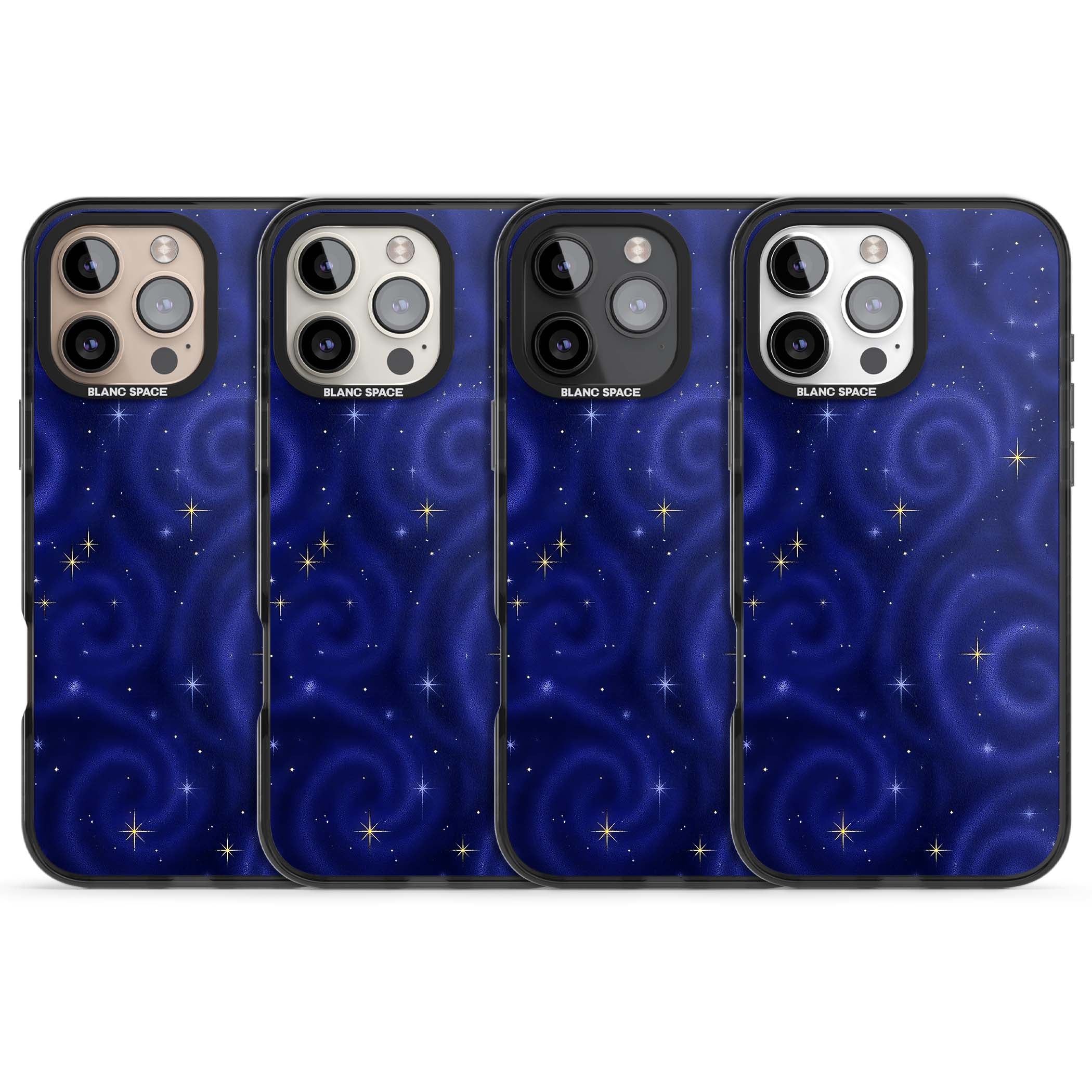 Indigo Cosmos celestial iPhone case featuring swirling navy night sky and sparkling golden stars | Black Impact case for iPhone 16 Pro, iPhone 16 Pro Max