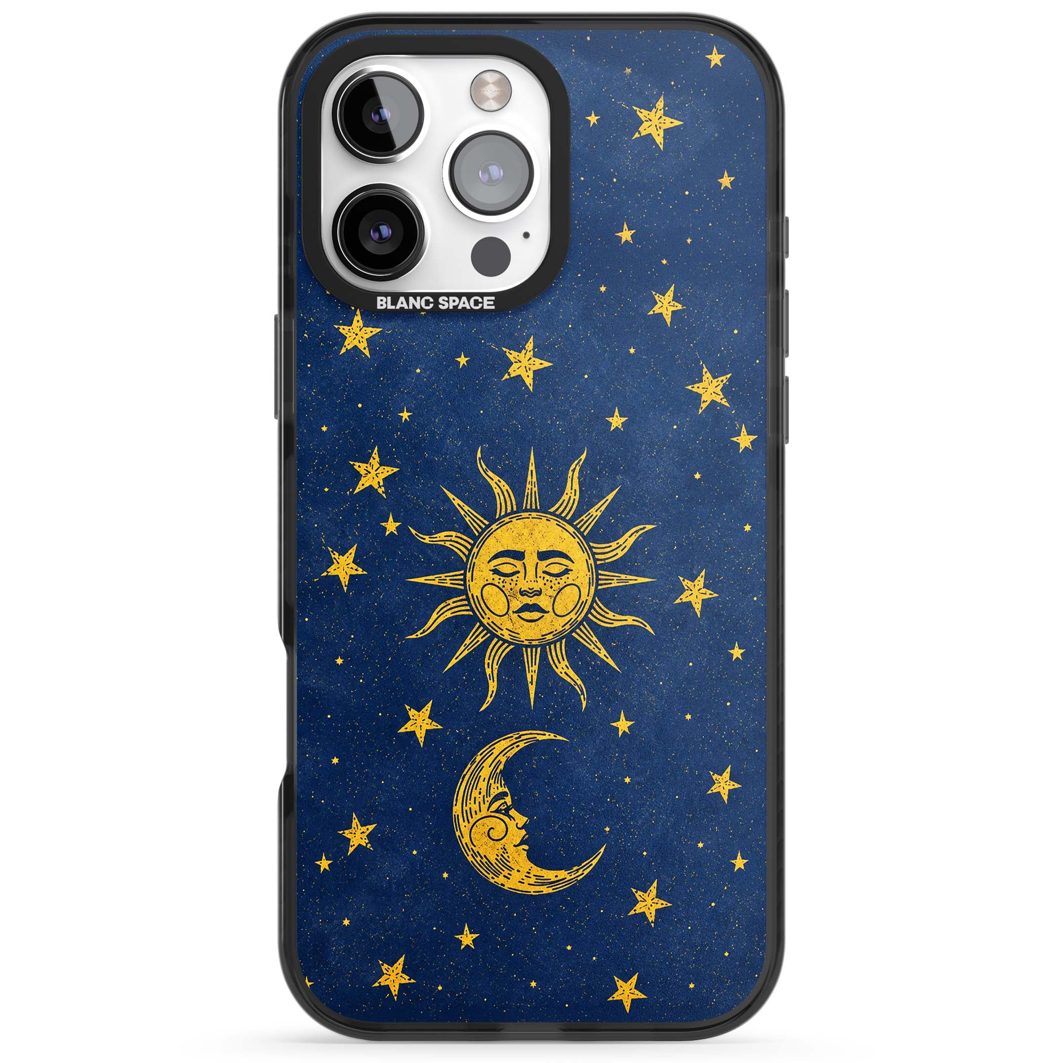 Sun & Moon Reverie celestial iPhone case featuring a vintage golden sun, crescent moon and scattered stars on midnight blue | Black Impact case for iPhone 16 Pro, iPhone 16 Pro Max