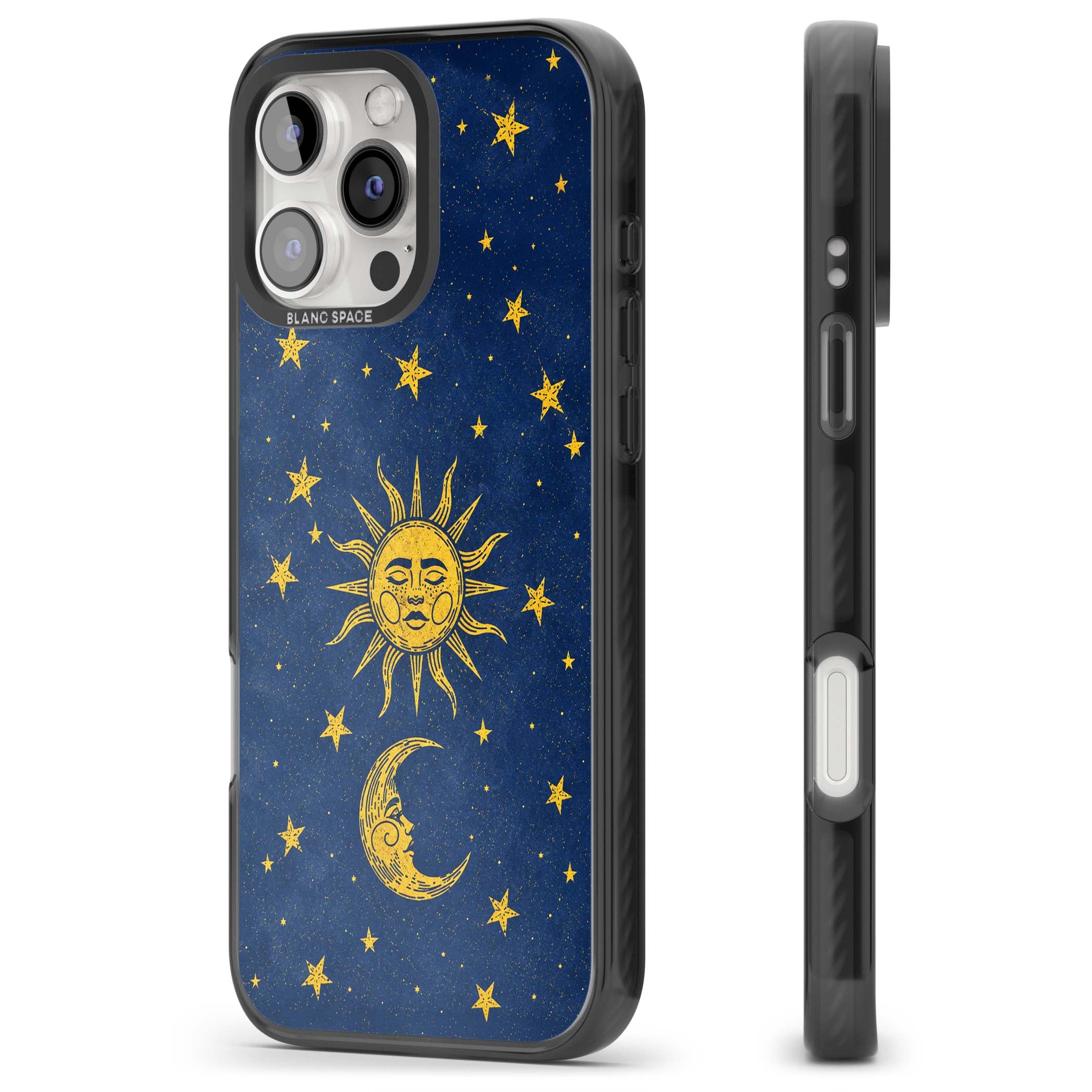 Sun & Moon Reverie celestial iPhone case featuring a vintage golden sun, crescent moon and scattered stars on midnight blue | Black Impact case for iPhone 16 Pro, iPhone 16 Pro Max