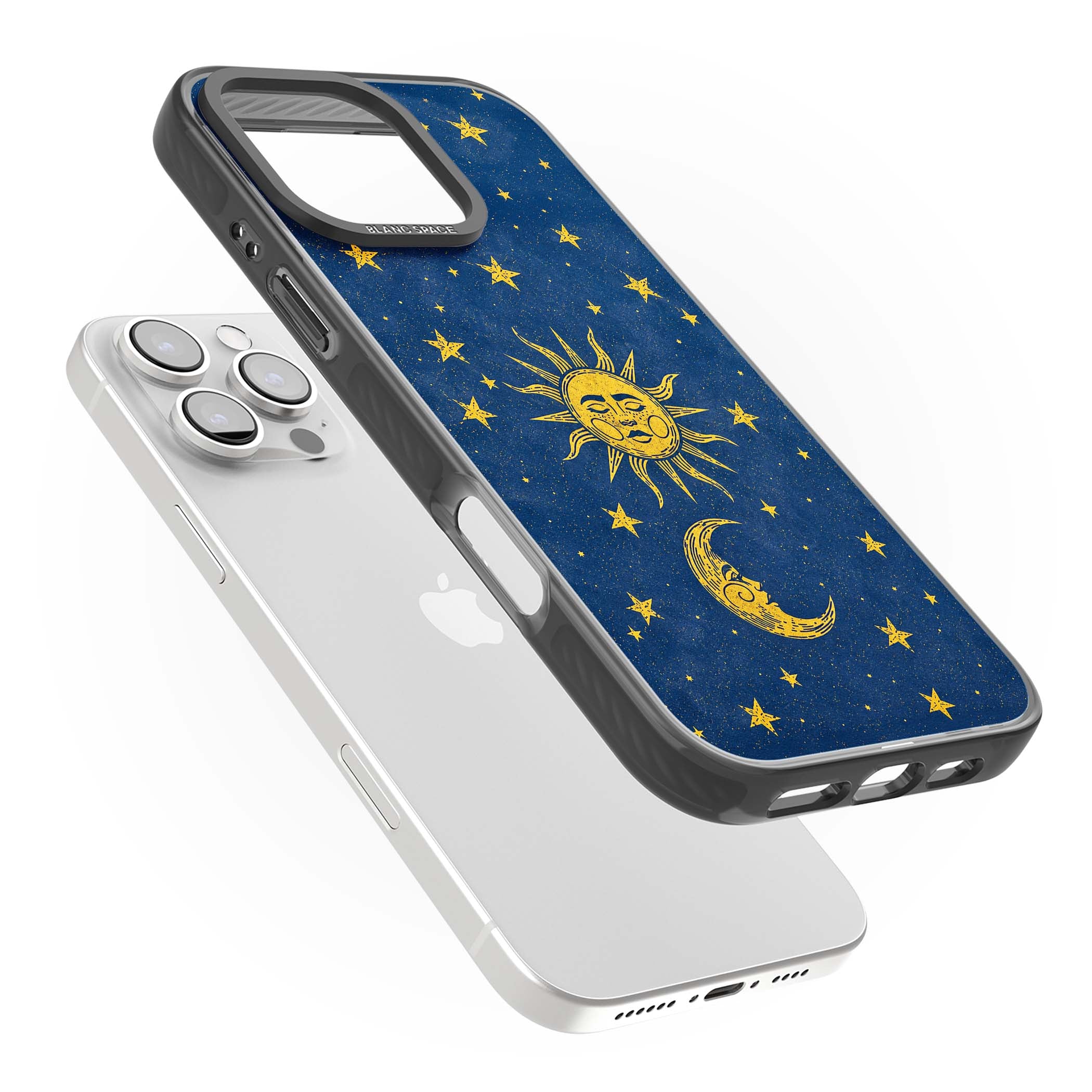 Sun & Moon Reverie celestial iPhone case featuring a vintage golden sun, crescent moon and scattered stars on midnight blue | Black Impact case for iPhone 16 Pro, iPhone 16 Pro Max