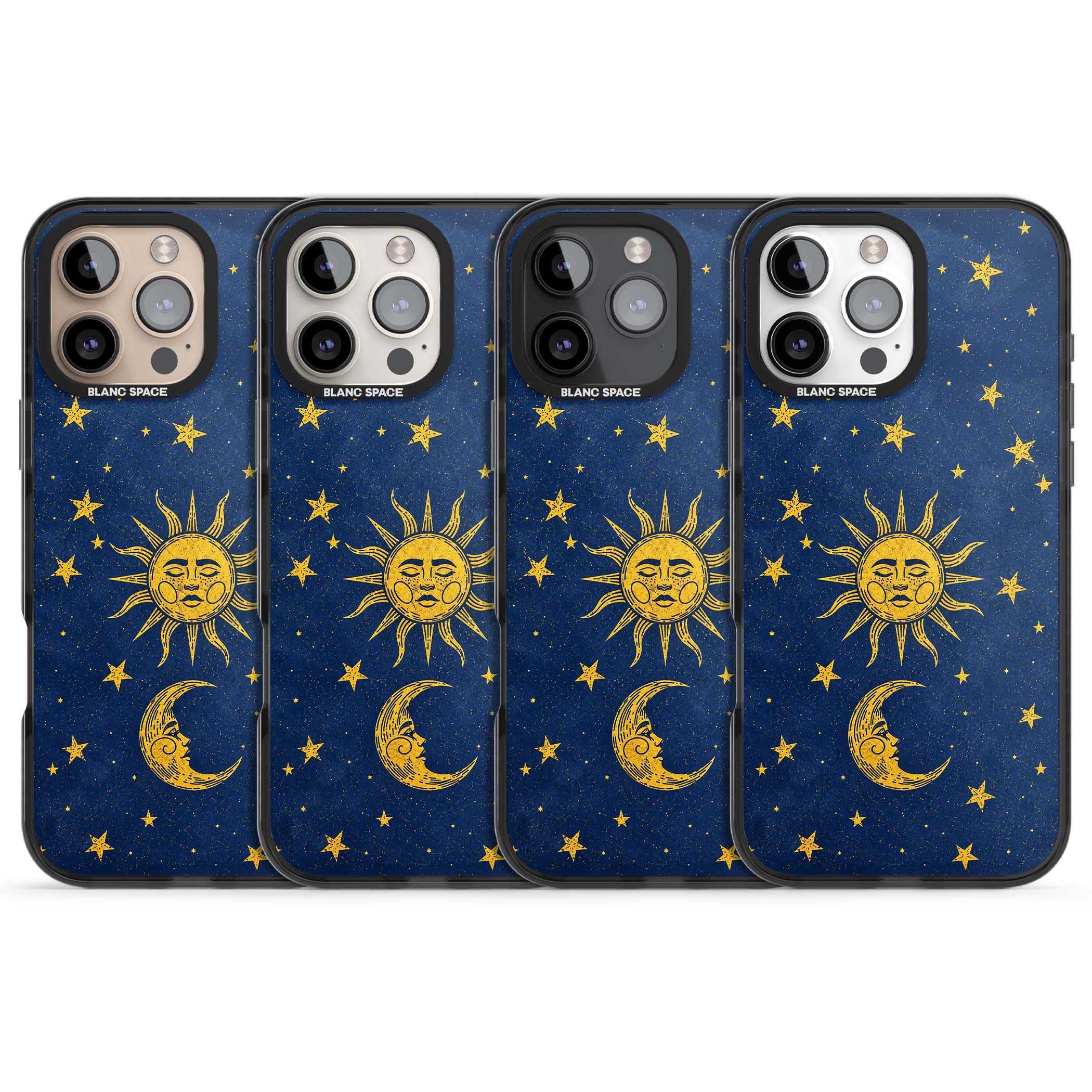 Sun & Moon Reverie celestial iPhone case featuring a vintage golden sun, crescent moon and scattered stars on midnight blue | Black Impact case for iPhone 16 Pro, iPhone 16 Pro Max