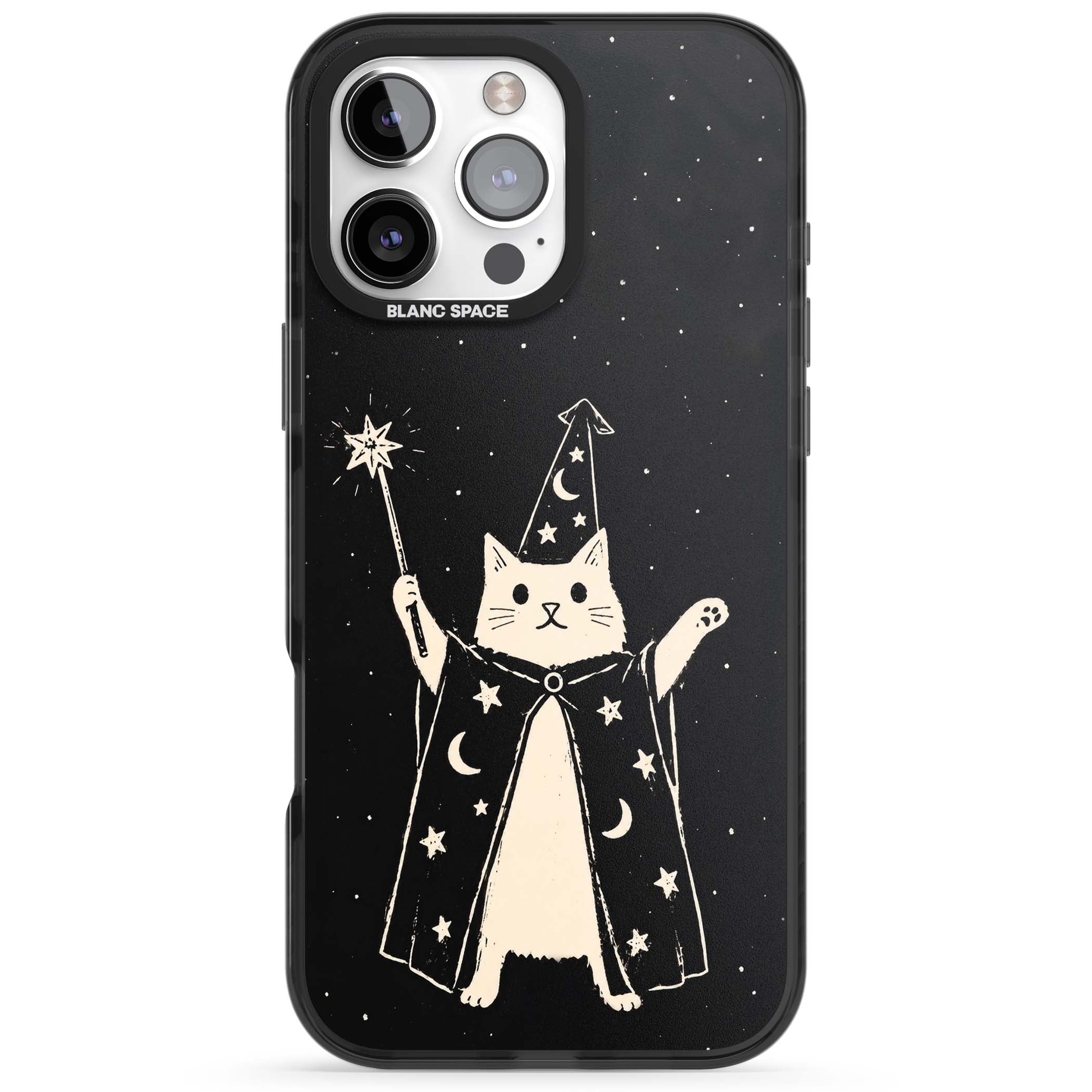 Whisker Wizard celestial cat iPhone case featuring a wizard cat with magic wand, starry night sky and crescent moons | Black Impact case for iPhone 16 Pro, iPhone 16 Pro Max