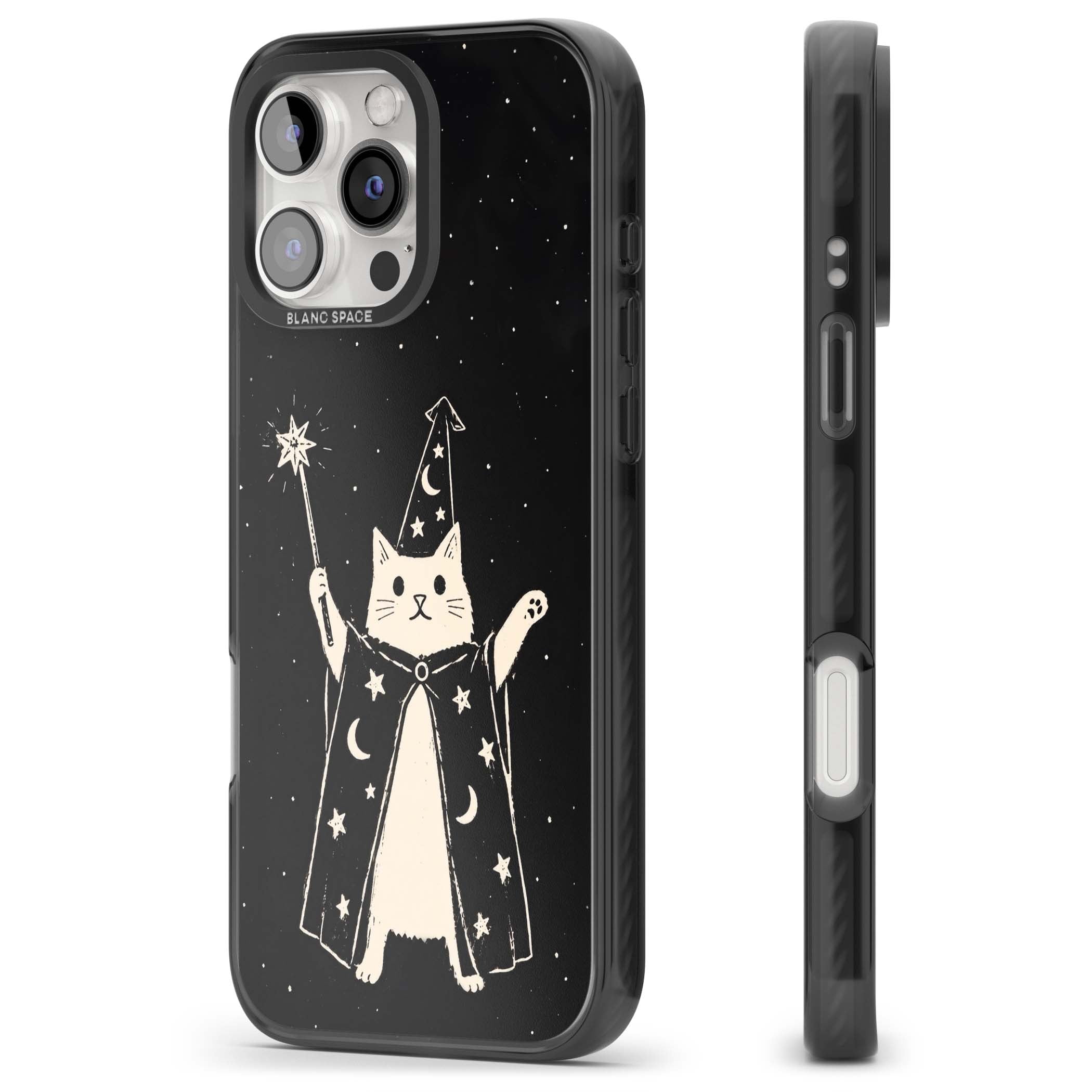 Whisker Wizard celestial cat iPhone case featuring a wizard cat with magic wand, starry night sky and crescent moons | Black Impact case for iPhone 16 Pro, iPhone 16 Pro Max