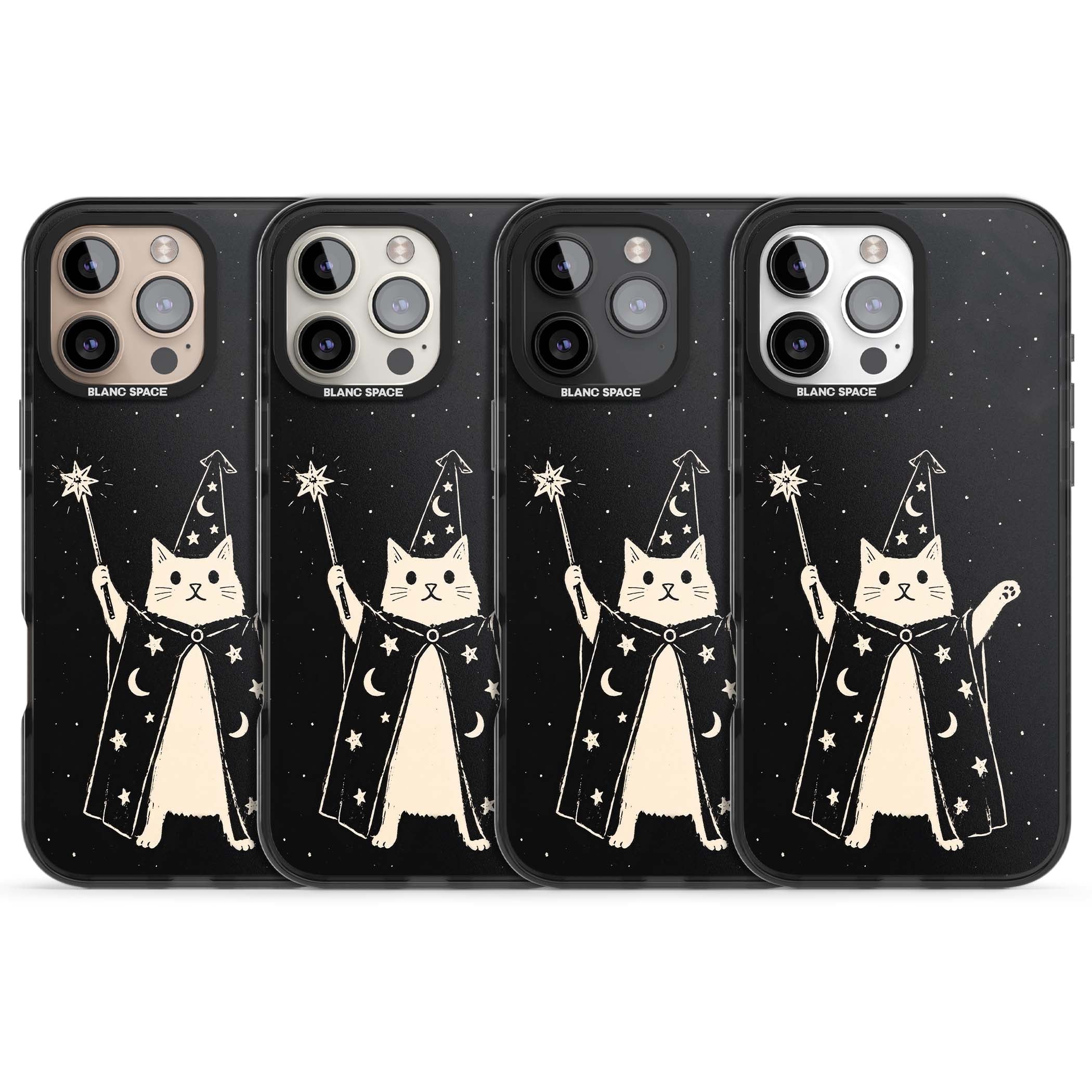 Whisker Wizard celestial cat iPhone case featuring a wizard cat with magic wand, starry night sky and crescent moons | Black Impact case for iPhone 16 Pro, iPhone 16 Pro Max