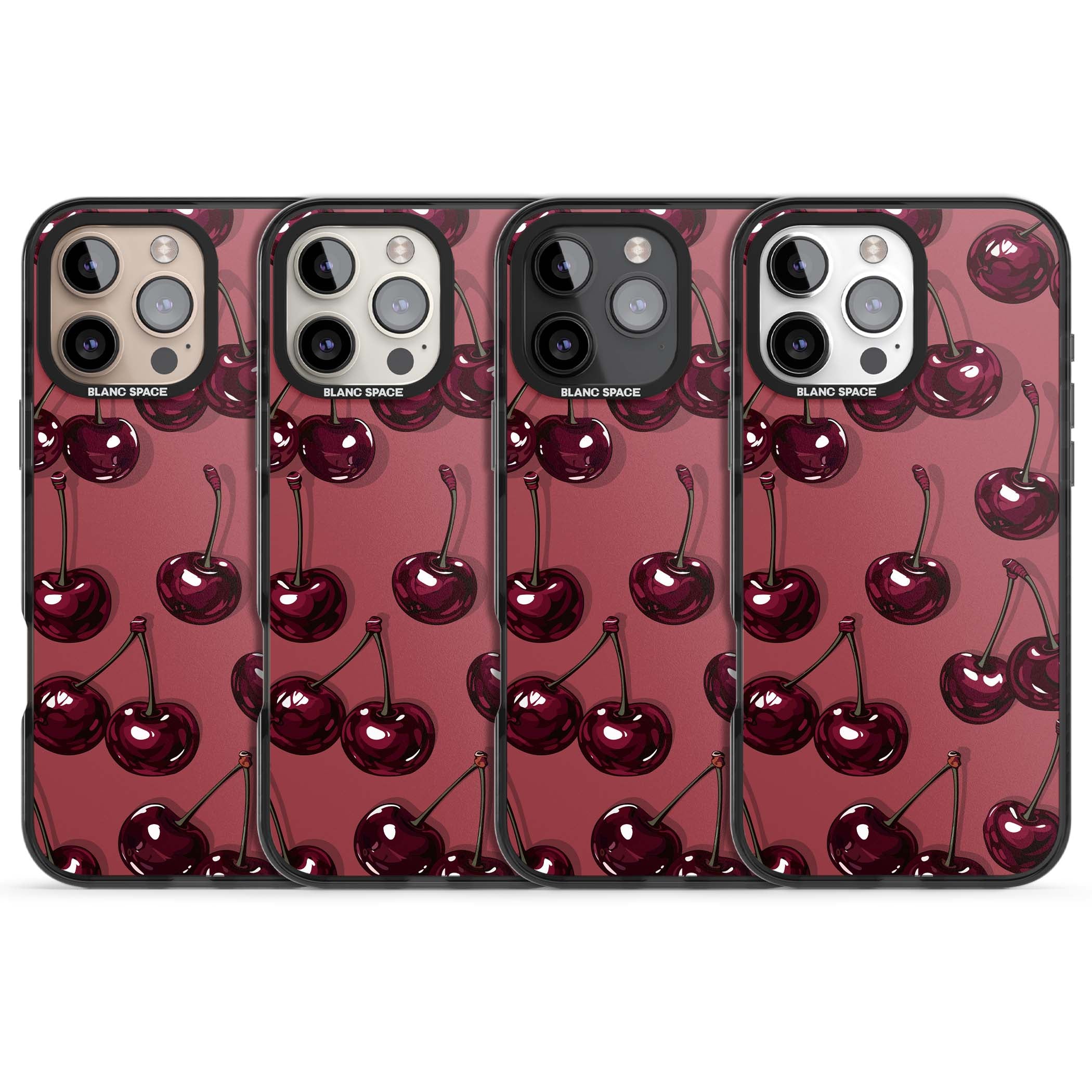 Cherry Rebel coquette iPhone case featuring glossy burgundy cherries on a dusty rose background | Black Impact case for iPhone 16 Pro, iPhone 16 Pro Max