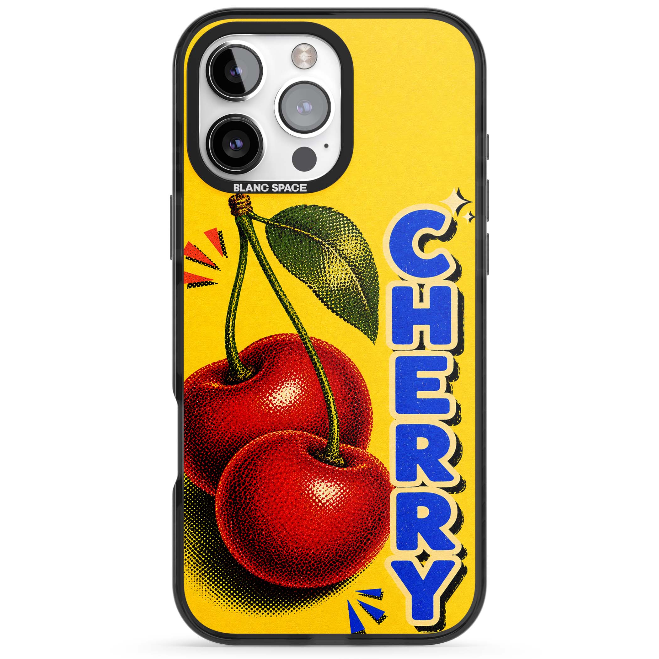 Cherry Yellow y2k iPhone case featuring two red cherries, halftone shading and bold blue CHERRY lettering on yellow | Black Impact case for iPhone 16 Pro, iPhone 16 Pro Max