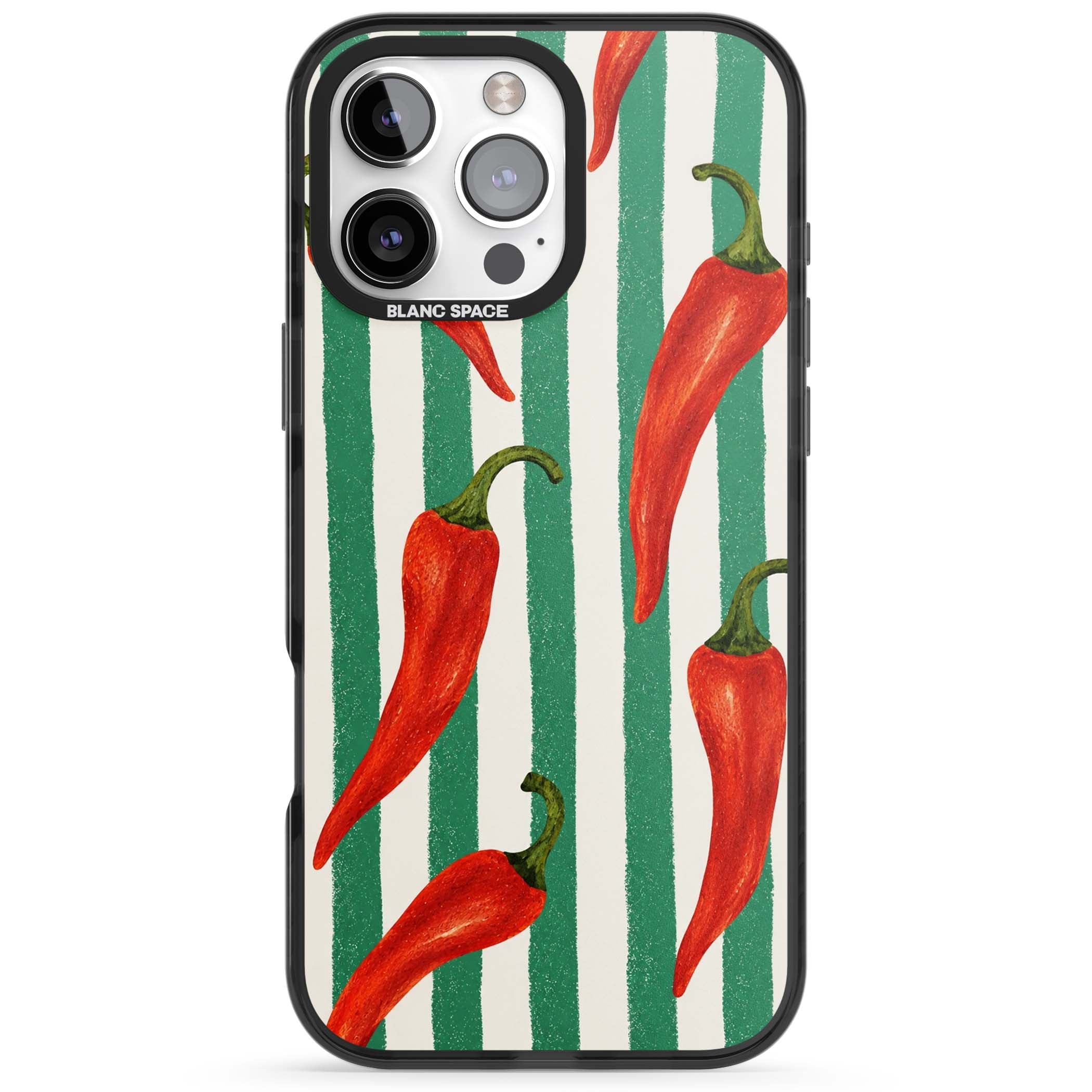 Striped Chillis coastal iPhone case featuring hand-painted red chili peppers on green and cream stripes | Black Impact case for iPhone 16 Pro, iPhone 16 Pro Max