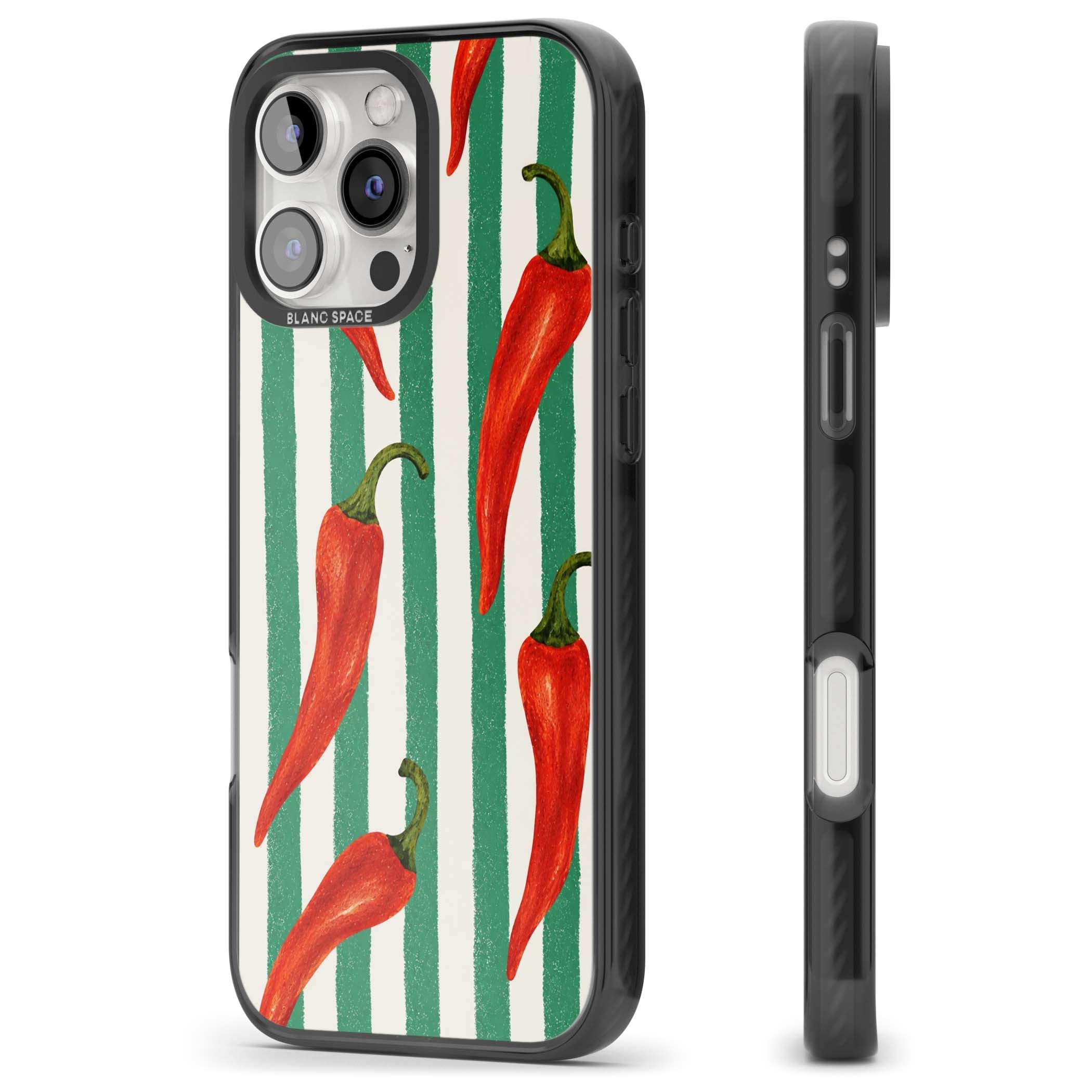 Striped Chillis coastal iPhone case featuring hand-painted red chili peppers on green and cream stripes | Black Impact case for iPhone 16 Pro, iPhone 16 Pro Max
