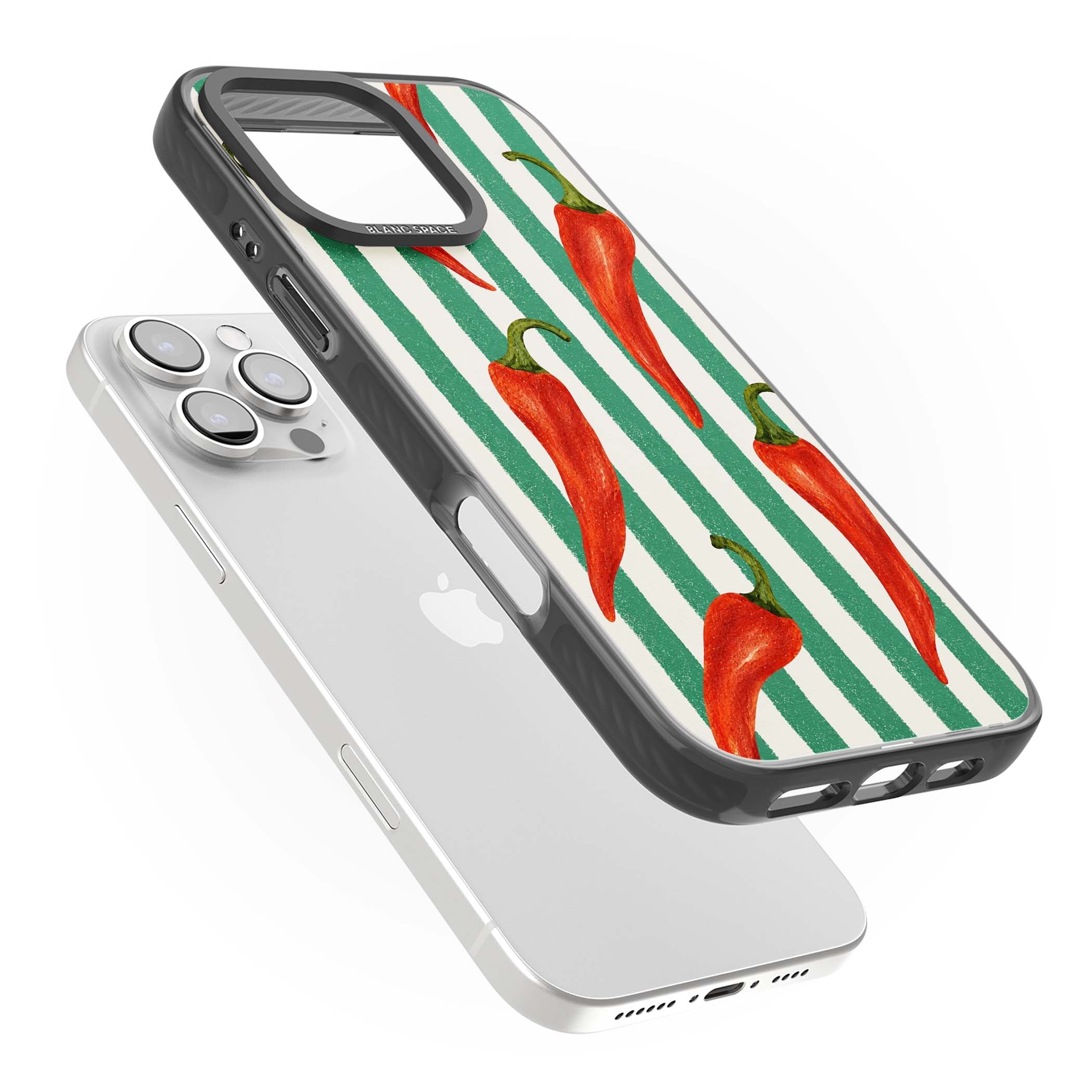 Striped Chillis coastal iPhone case featuring hand-painted red chili peppers on green and cream stripes | Black Impact case for iPhone 16 Pro, iPhone 16 Pro Max