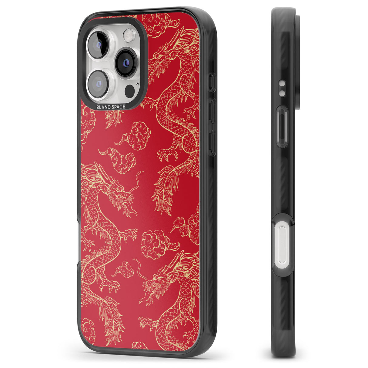 iPhone 16 Pro Max Red and Gold Dragon Pattern Black Impact Phone Case