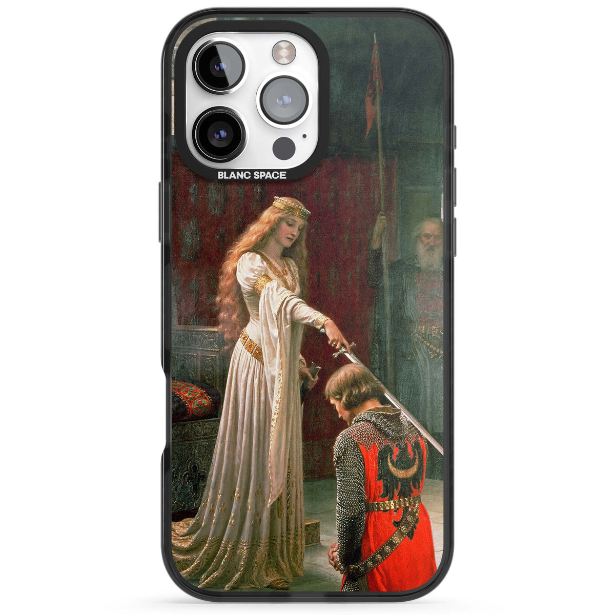 The Accolade renaissance art iPhone case featuring Edmund Blair Leighton's painting of a queen knighting a kneeling knight | Black Impact case for iPhone 16 Pro, iPhone 16 Pro Max