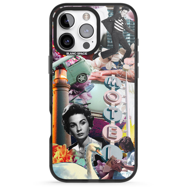 iPhone 16 Pro Max Vintage Collage: Retro Motel Black Impact Phone Case