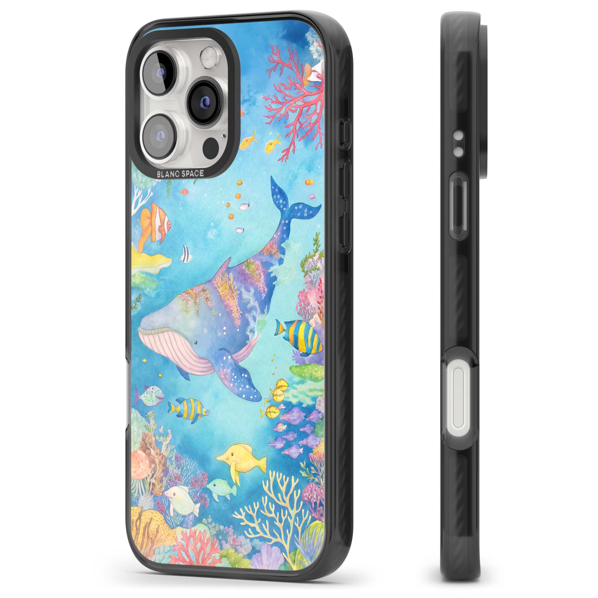 Coral Lagoon ocean iPhone case featuring a watercolour whale, coral reef and tropical fish | Black Impact case for iPhone 16 Pro, iPhone 16 Pro Max
