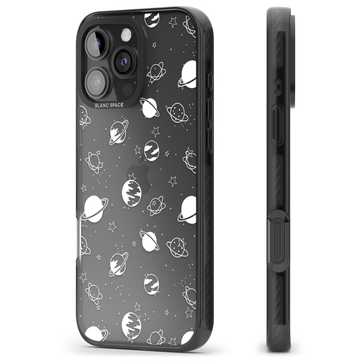 iPhone 16 Pro Max White Planets on Clear Black Impact Phone Case