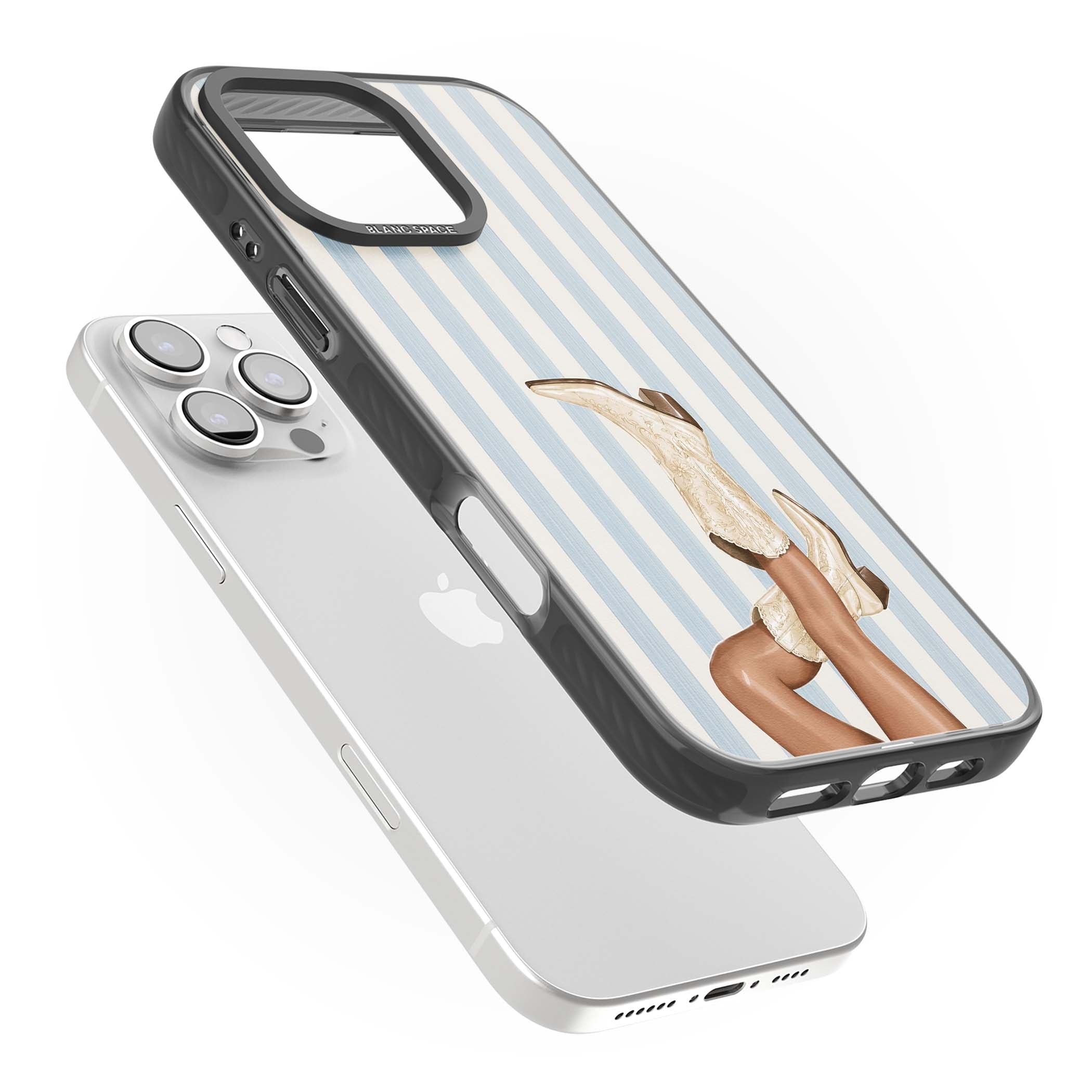Cowgirl Boots coastal cowgirl iPhone case featuring embroidered western boots, tanned legs and a blue stripe backdrop | Black Impact case for iPhone 16 Pro, iPhone 16 Pro Max