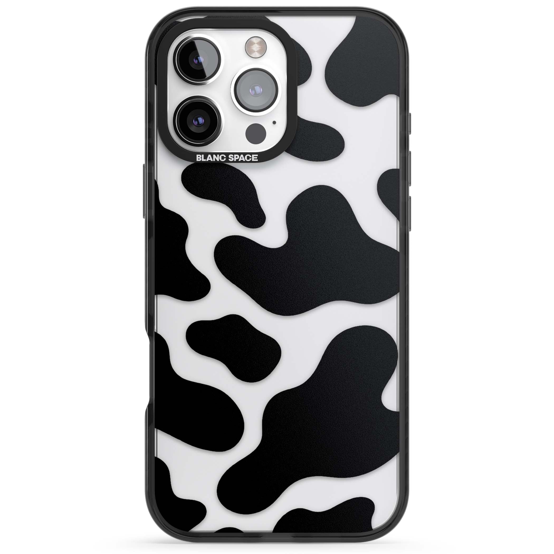 Clear Cow Print cow print iPhone case featuring black and white cow pattern splotches on a clear background | Black Impact case for iPhone 16 Pro, iPhone 16 Pro Max