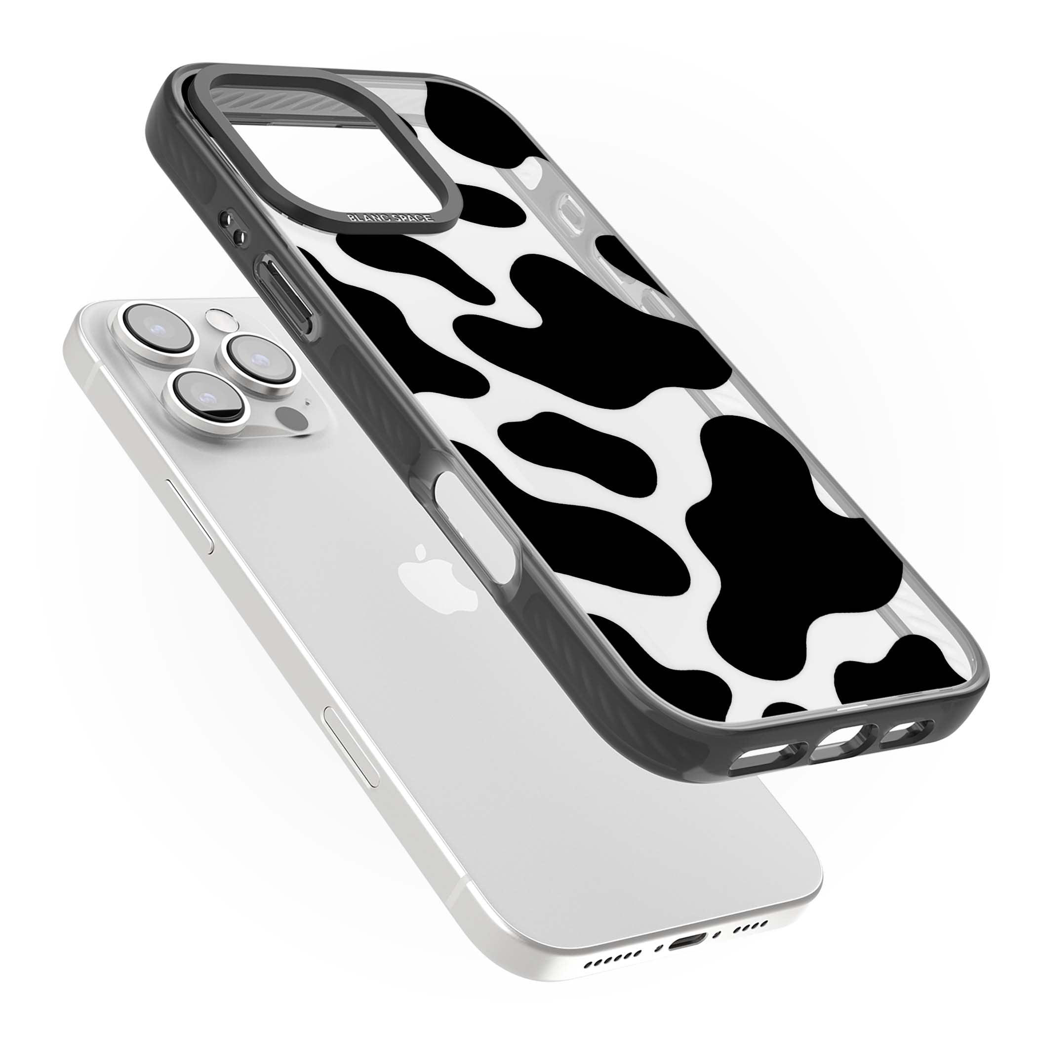 Clear Cow Print cow print iPhone case featuring black and white cow pattern splotches on a clear background | Black Impact case for iPhone 16 Pro, iPhone 16 Pro Max
