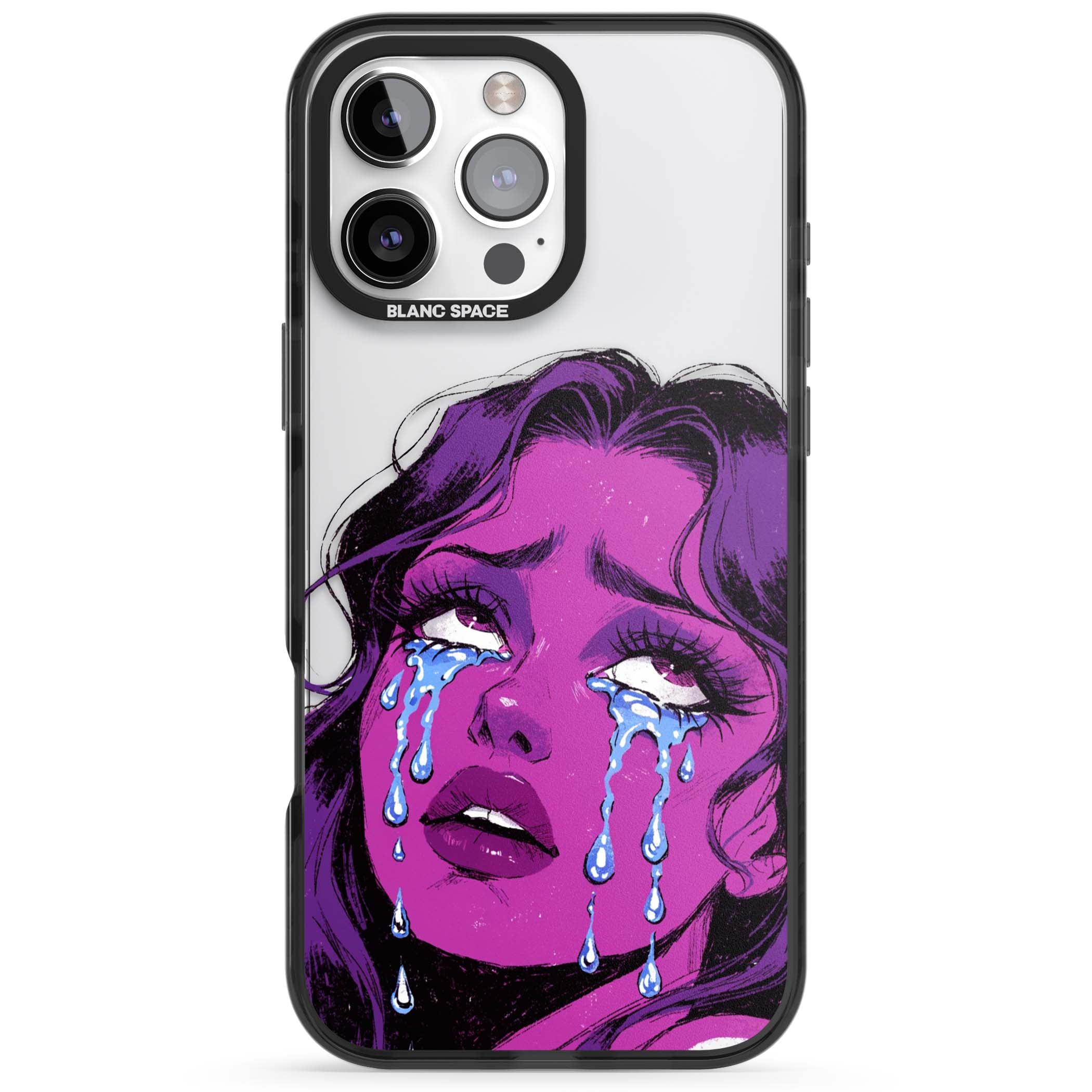 Drama Queen pop art iPhone case featuring a purple crying comic girl with blue tears | Black Impact case for iPhone 16 Pro, iPhone 16 Pro Max