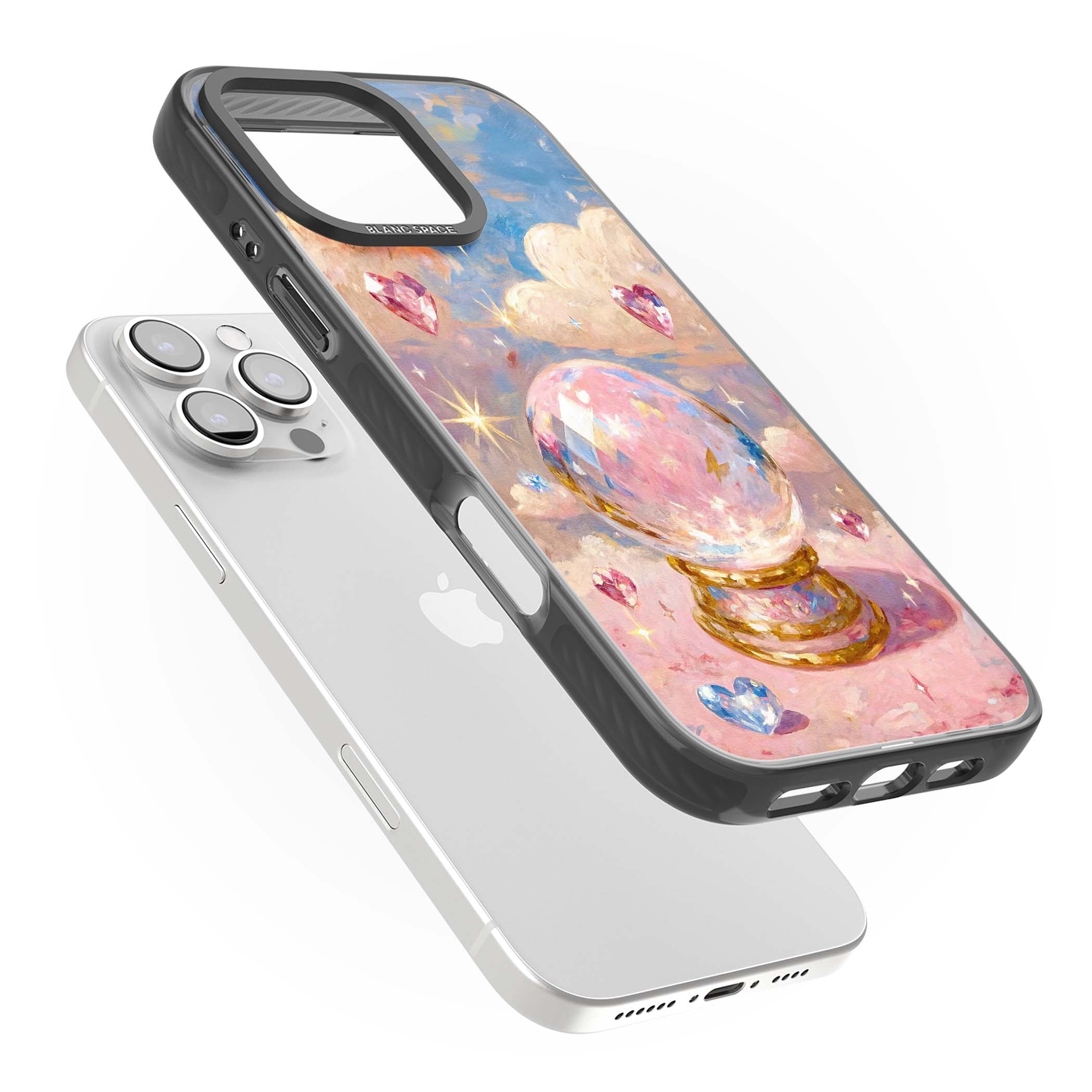 Crystal Ball fairycore iPhone case featuring a painted crystal ball, heart gemstones, and pastel clouds | Black Impact case for iPhone 16 Pro, iPhone 16 Pro Max