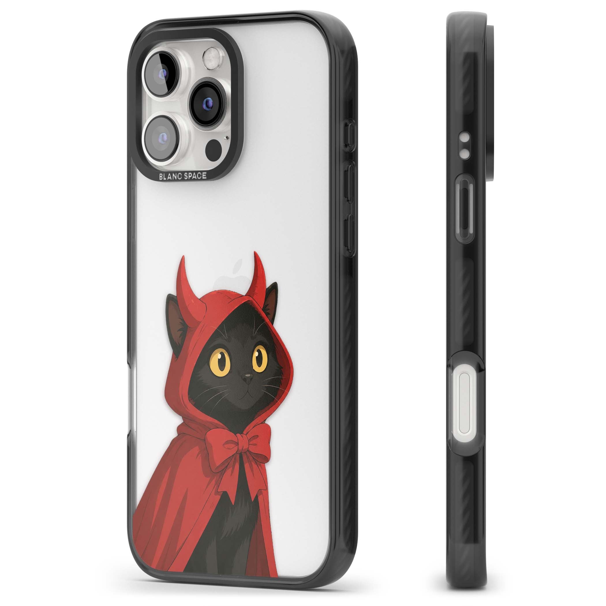 Little Devil halloween iPhone case featuring a black cat in a red hooded devil cloak with horns and golden eyes | Black Impact case for iPhone 16 Pro, iPhone 16 Pro Max
