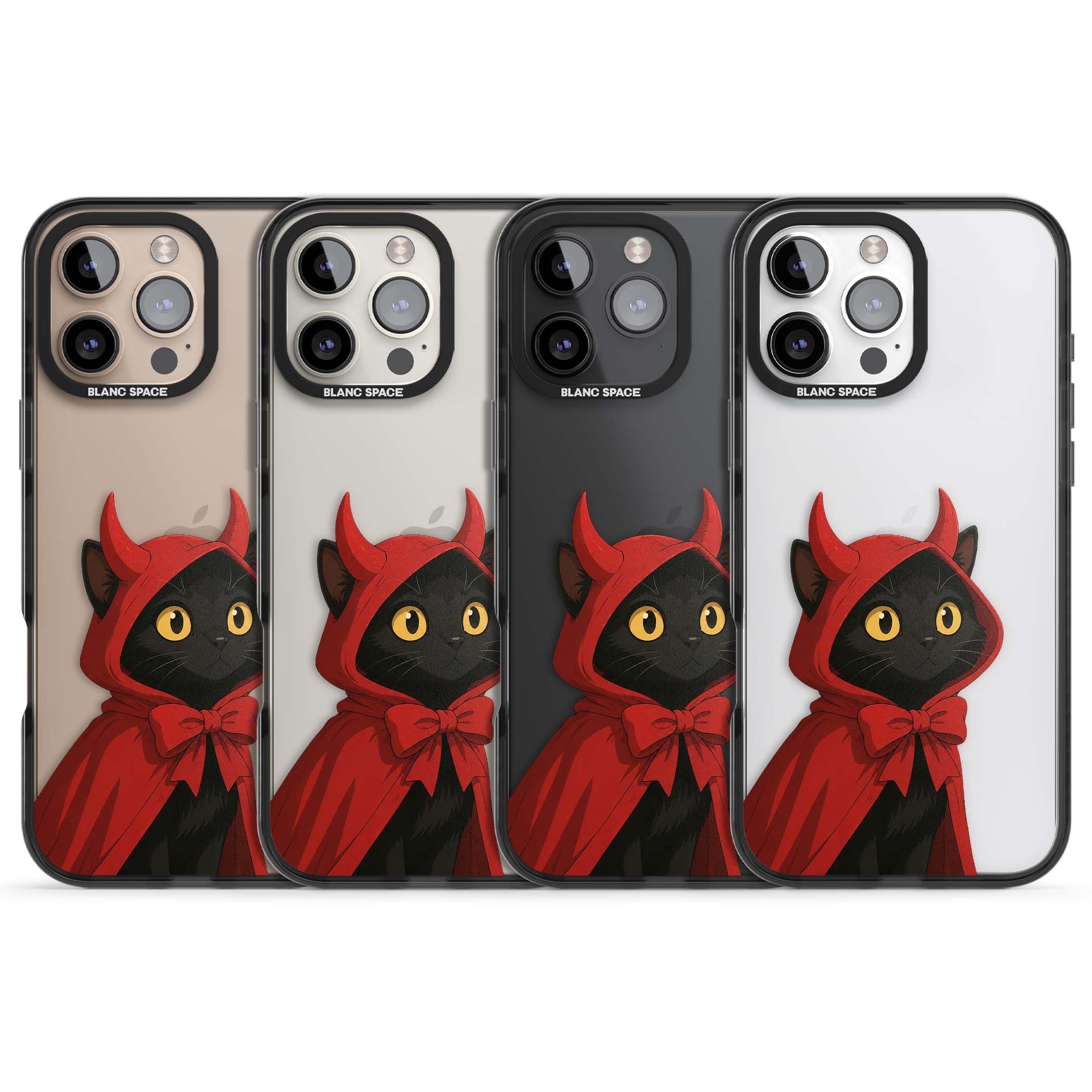 Little Devil halloween iPhone case featuring a black cat in a red hooded devil cloak with horns and golden eyes | Black Impact case for iPhone 16 Pro, iPhone 16 Pro Max