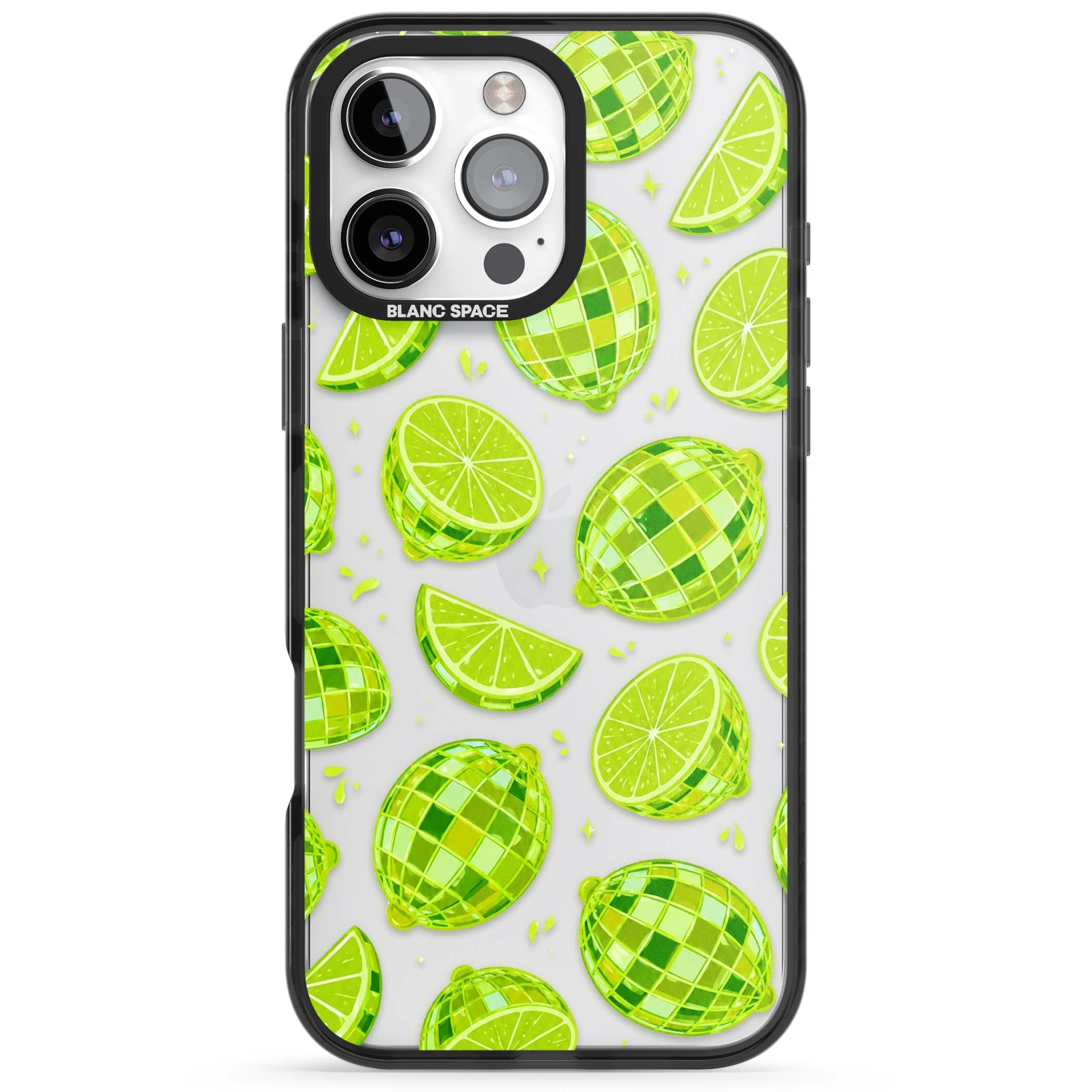 Disco Limes fruit aesthetic iPhone case featuring green disco balls, lime slices and citrus sparkles | Black Impact case for iPhone 16 Pro, iPhone 16 Pro Max