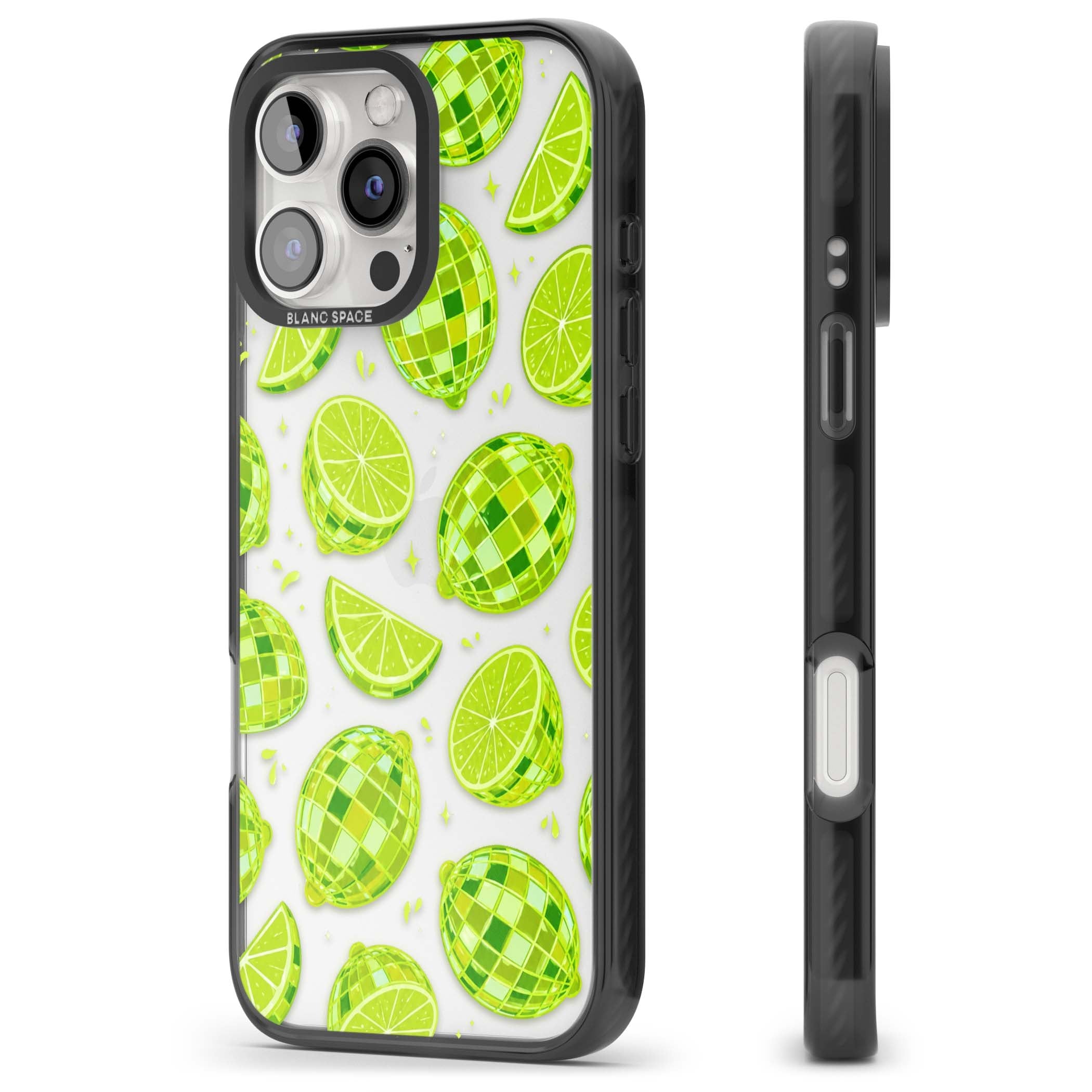 Disco Limes fruit aesthetic iPhone case featuring green disco balls, lime slices and citrus sparkles | Black Impact case for iPhone 16 Pro, iPhone 16 Pro Max