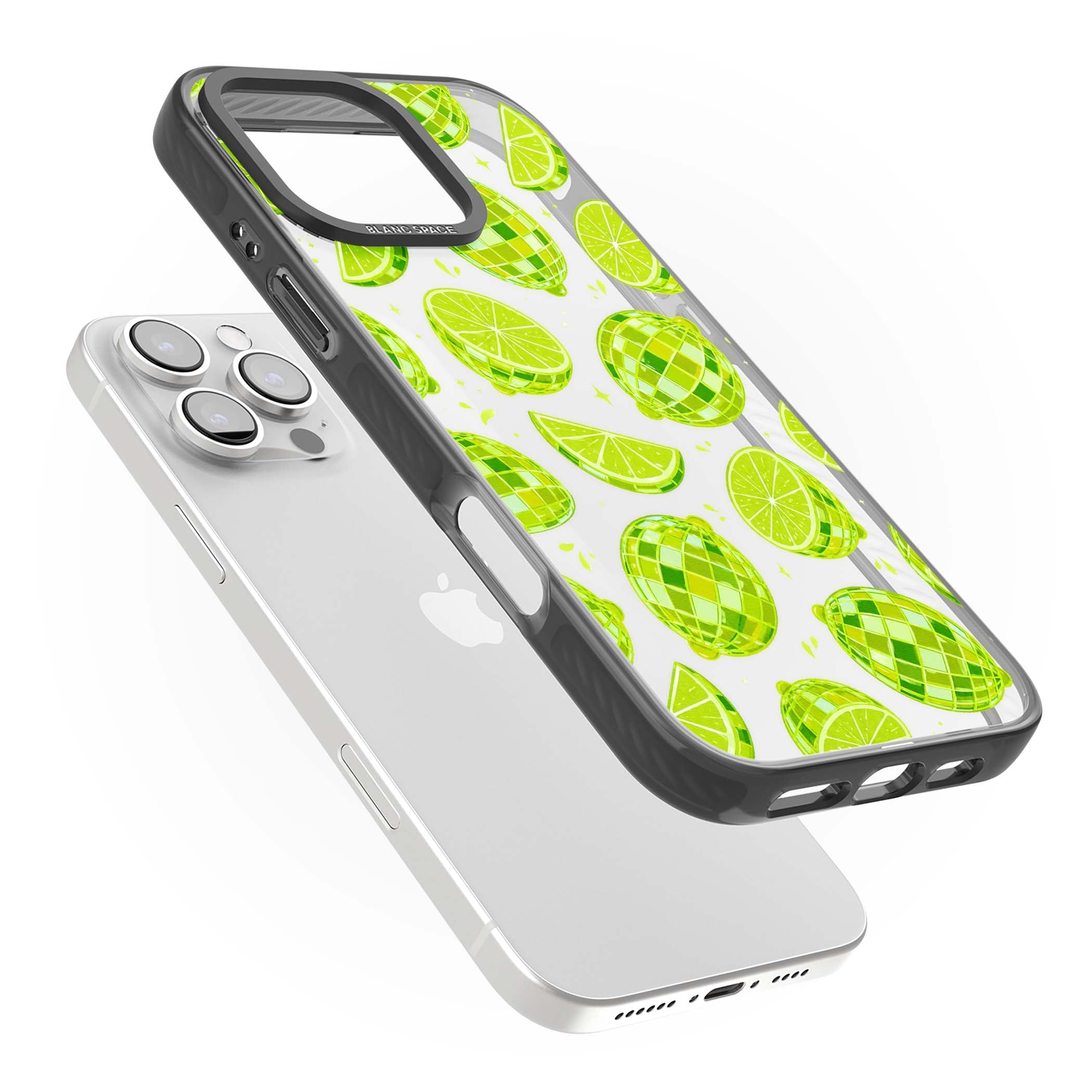 Disco Limes fruit aesthetic iPhone case featuring green disco balls, lime slices and citrus sparkles | Black Impact case for iPhone 16 Pro, iPhone 16 Pro Max