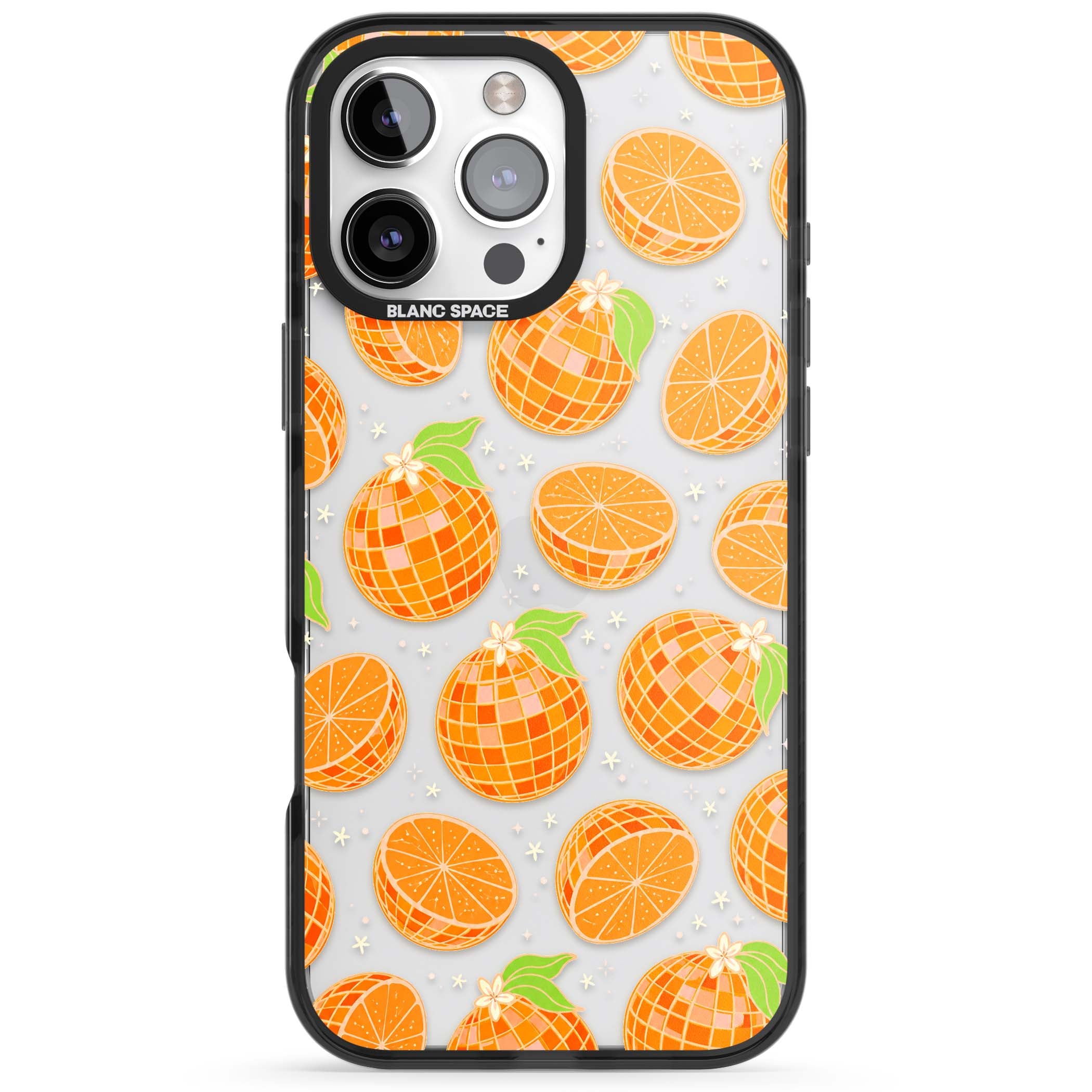Disco Oranges retro iPhone case featuring mirrorball oranges, citrus slices and tiny blossoms on clear | Black Impact case for iPhone 16 Pro, iPhone 16 Pro Max