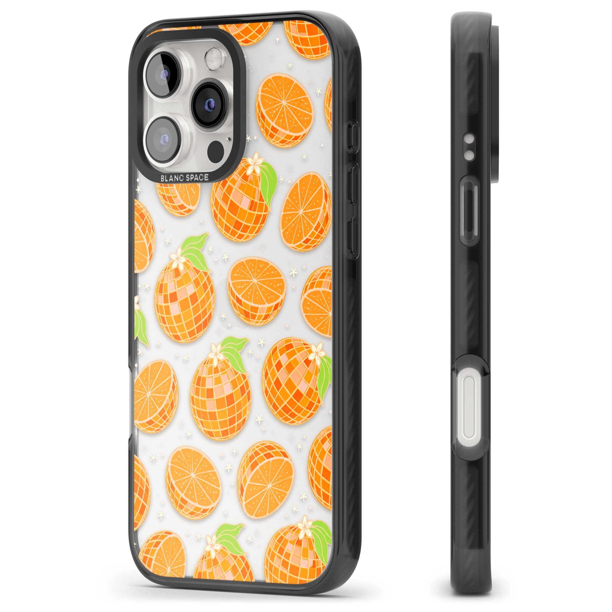 Disco Oranges retro iPhone case featuring mirrorball oranges, citrus slices and tiny blossoms on clear | Black Impact case for iPhone 16 Pro, iPhone 16 Pro Max