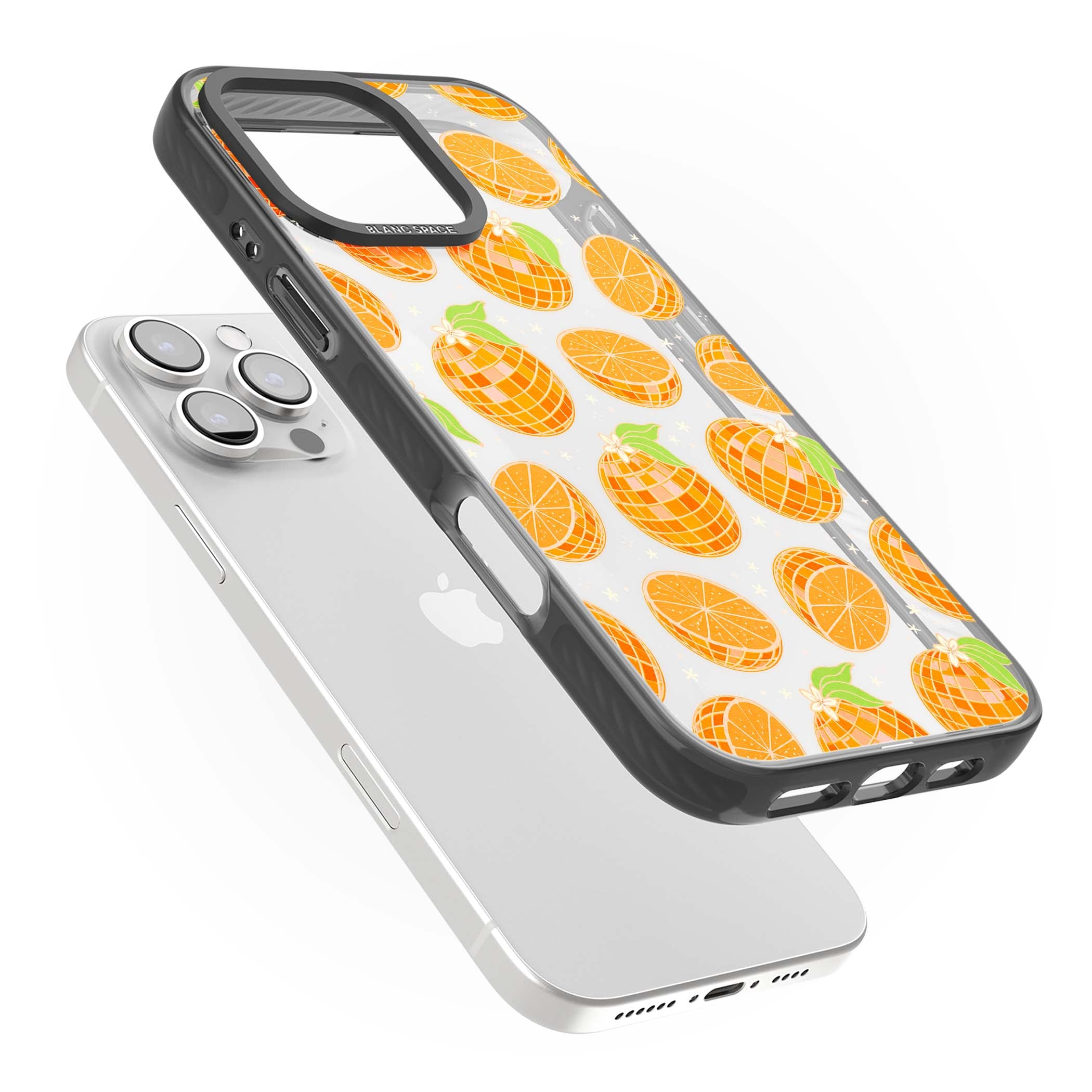 Disco Oranges retro iPhone case featuring mirrorball oranges, citrus slices and tiny blossoms on clear | Black Impact case for iPhone 16 Pro, iPhone 16 Pro Max