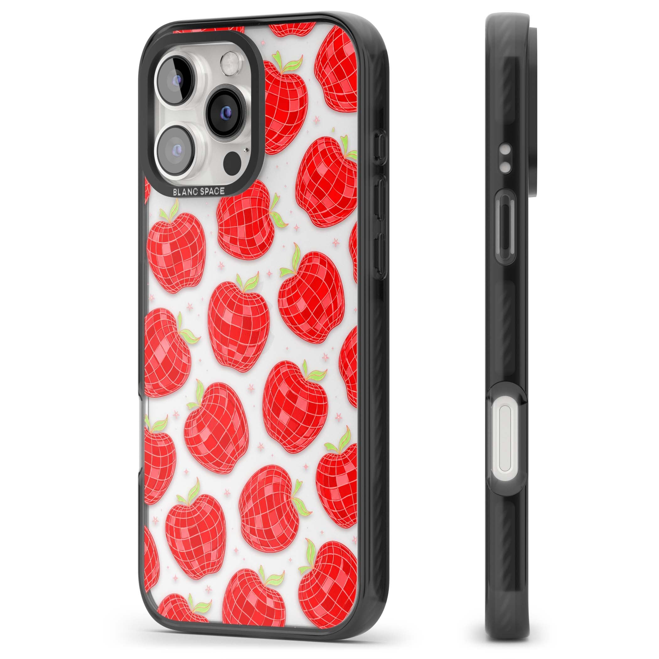 Disco Apples Y2K iPhone case featuring red disco ball apples, green leaves and pink sparkles on clear | Black Impact case for iPhone 16 Pro, iPhone 16 Pro Max
