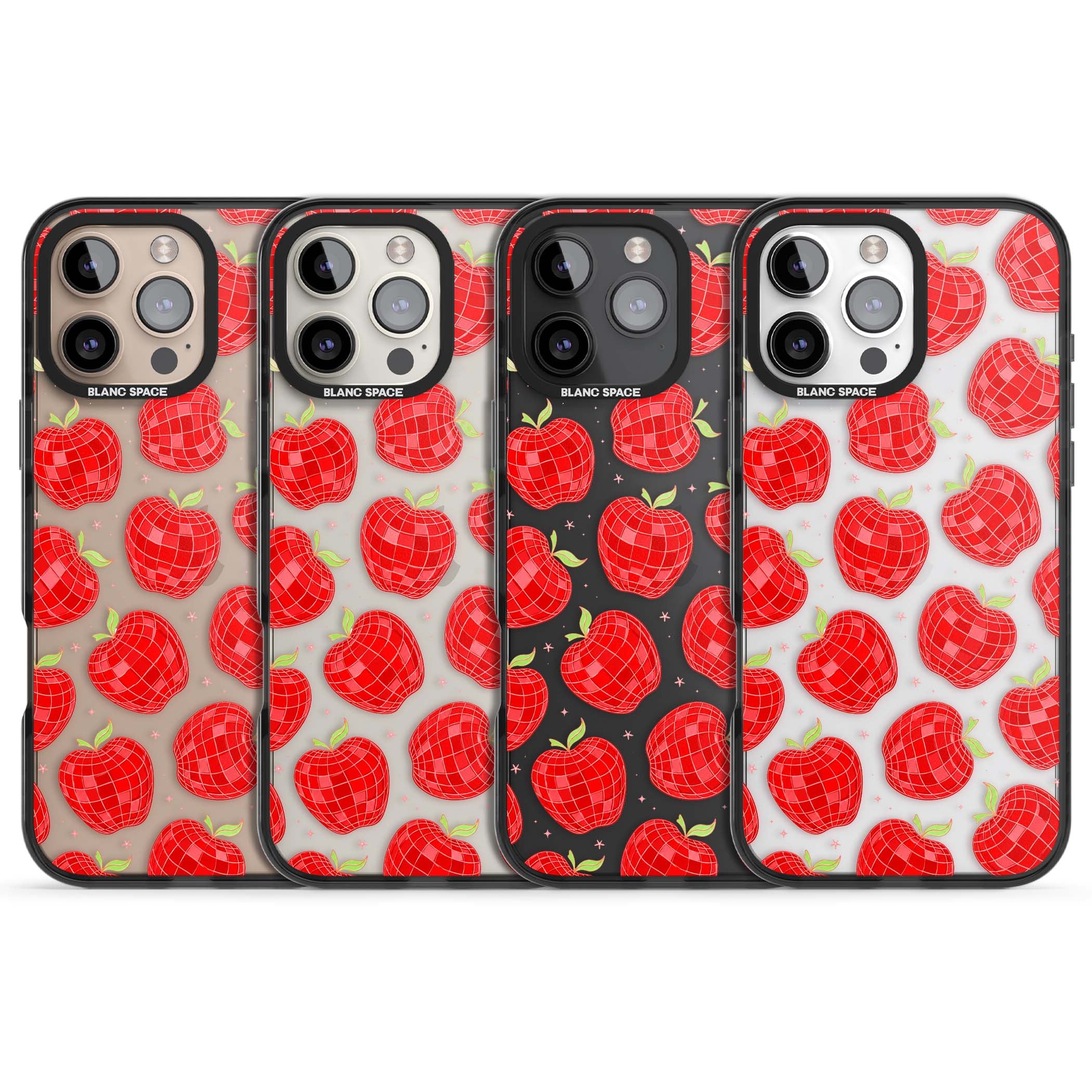 Disco Apples Y2K iPhone case featuring red disco ball apples, green leaves and pink sparkles on clear | Black Impact case for iPhone 16 Pro, iPhone 16 Pro Max