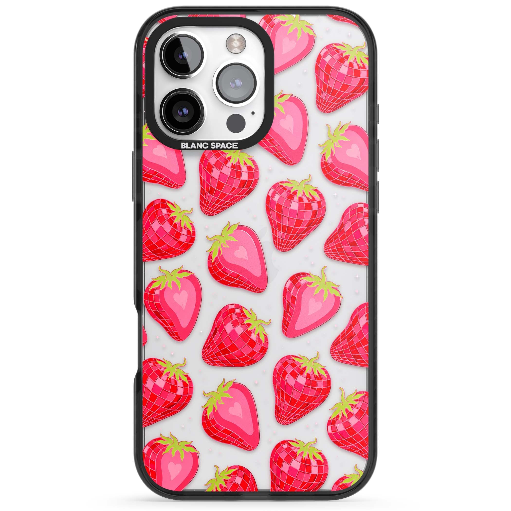 Disco Strawberry Y2K iPhone case featuring pink disco-ball strawberries, green leaves and tiny sparkles | Black Impact case for iPhone 16 Pro, iPhone 16 Pro Max