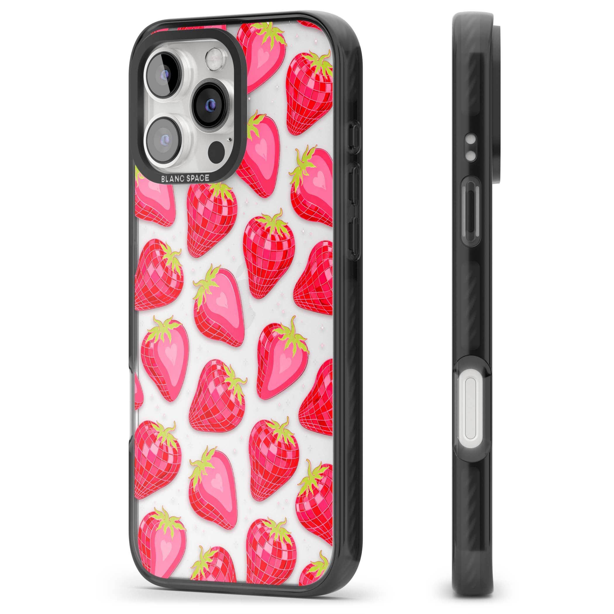 Disco Strawberry Y2K iPhone case featuring pink disco-ball strawberries, green leaves and tiny sparkles | Black Impact case for iPhone 16 Pro, iPhone 16 Pro Max