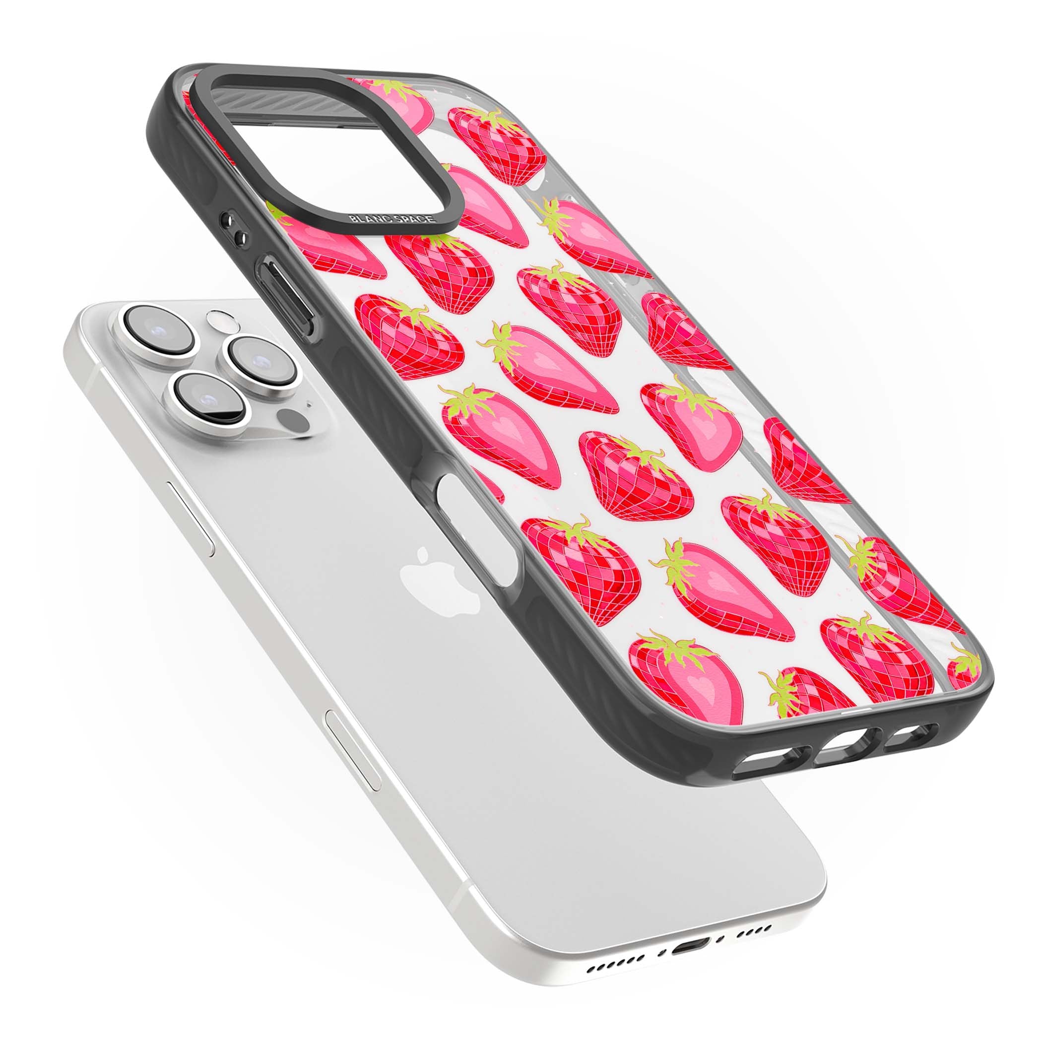 Disco Strawberry Y2K iPhone case featuring pink disco-ball strawberries, green leaves and tiny sparkles | Black Impact case for iPhone 16 Pro, iPhone 16 Pro Max
