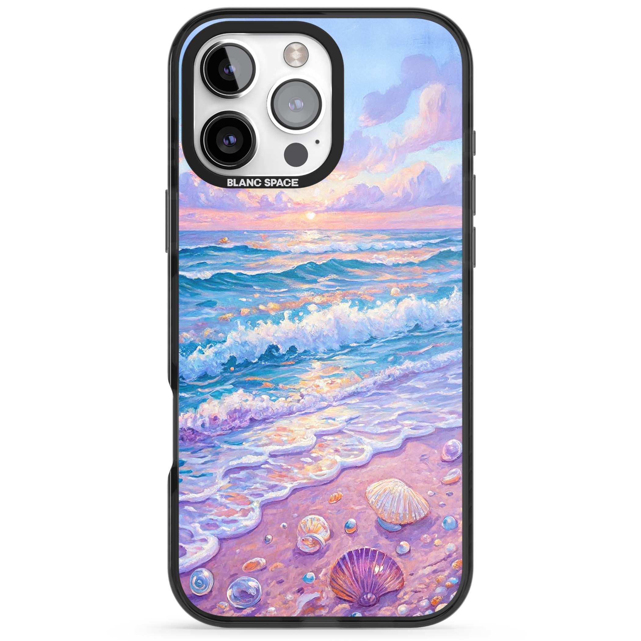 Pearl Shore coastal iPhone case featuring pastel painted waves, seashells, and a sunrise sky over a lavender beach. | Black Impact case for iPhone 16 Pro, iPhone 16 Pro Max
