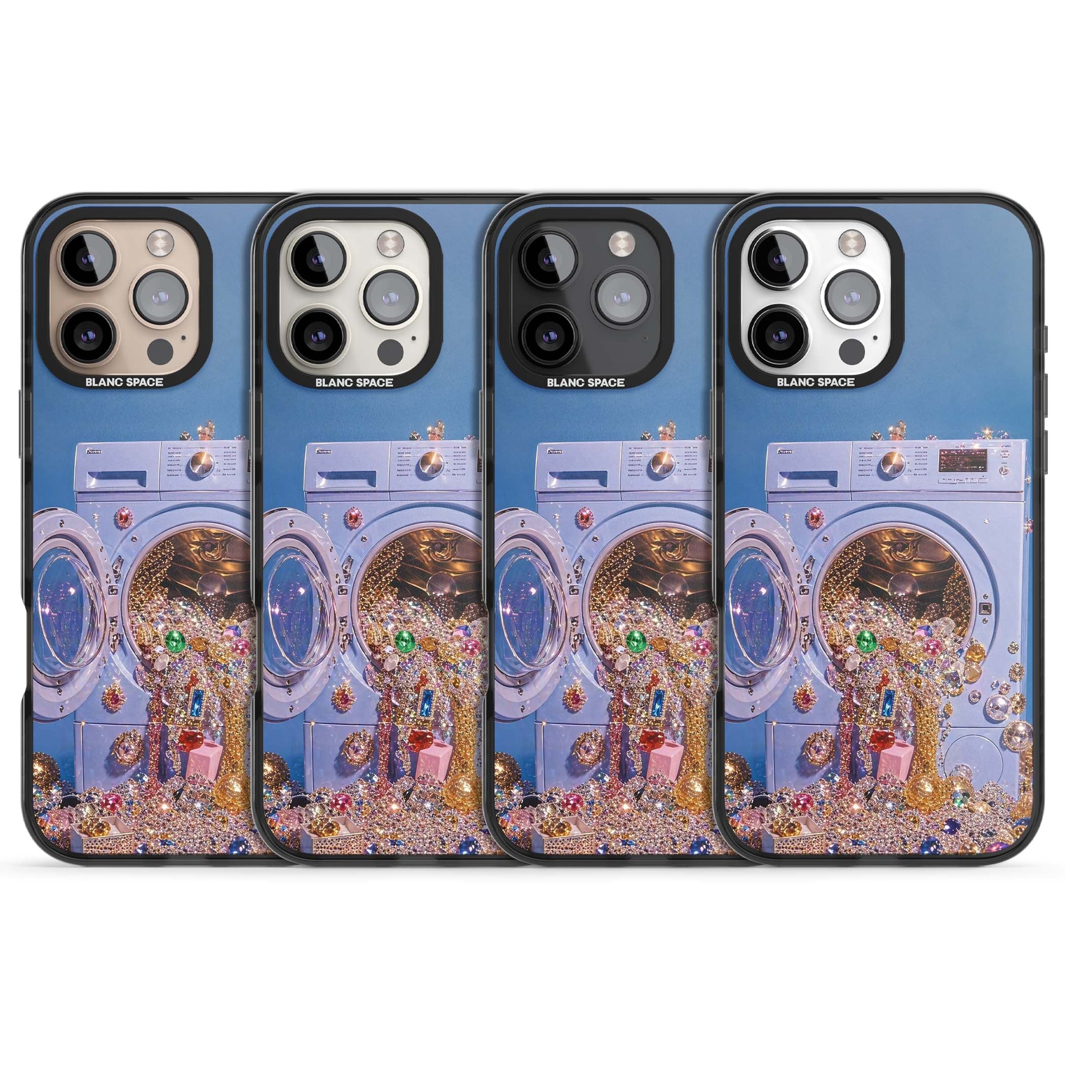 Gem Laundry baddie iPhone case featuring a surreal washing machine overflowing with colourful gemstones and crystals | Black Impact case for iPhone 16 Pro, iPhone 16 Pro Max