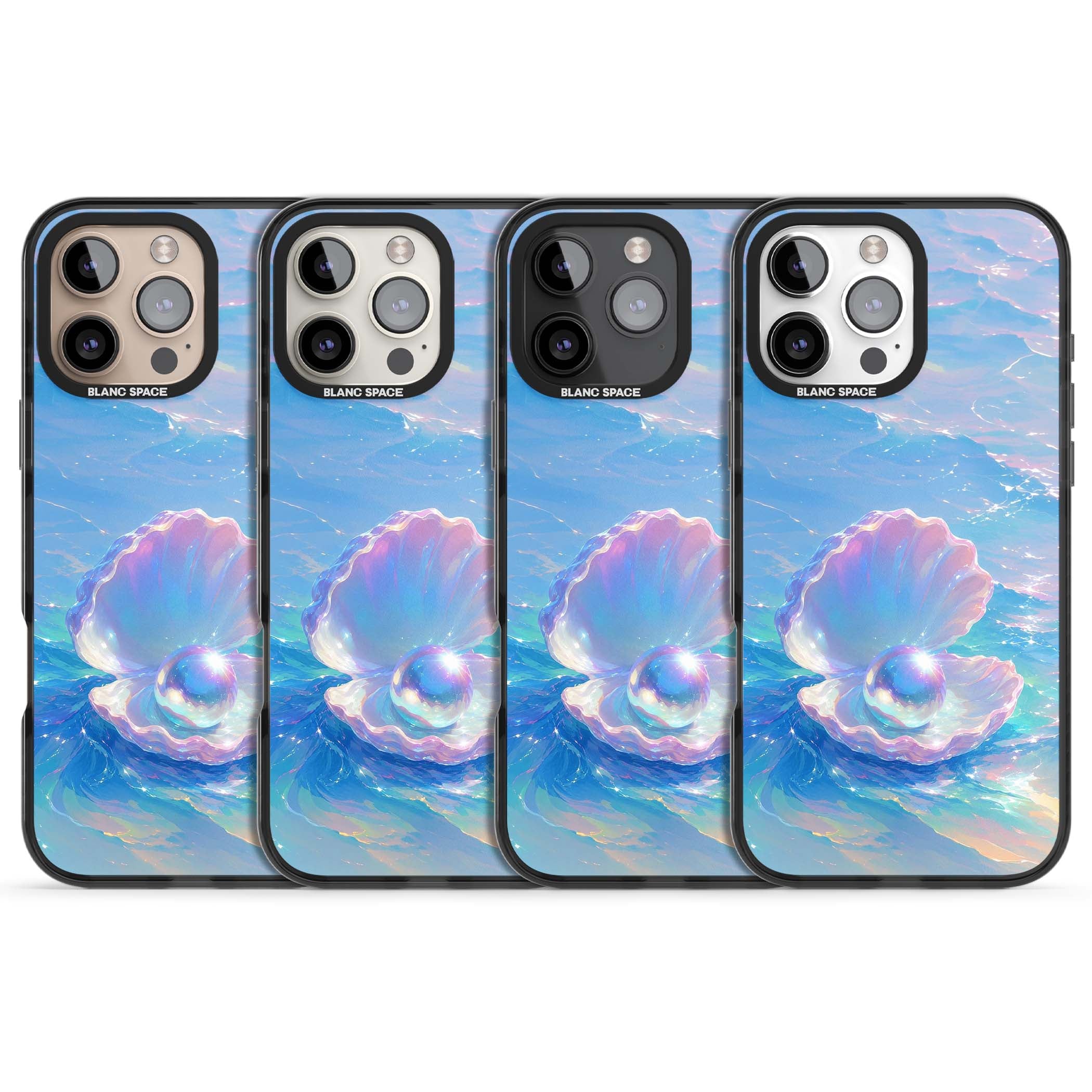The Pearl Clam mermaidcore iPhone case featuring iridescent seashell, glowing pearl and pastel ocean waves | Black Impact case for iPhone 16 Pro, iPhone 16 Pro Max