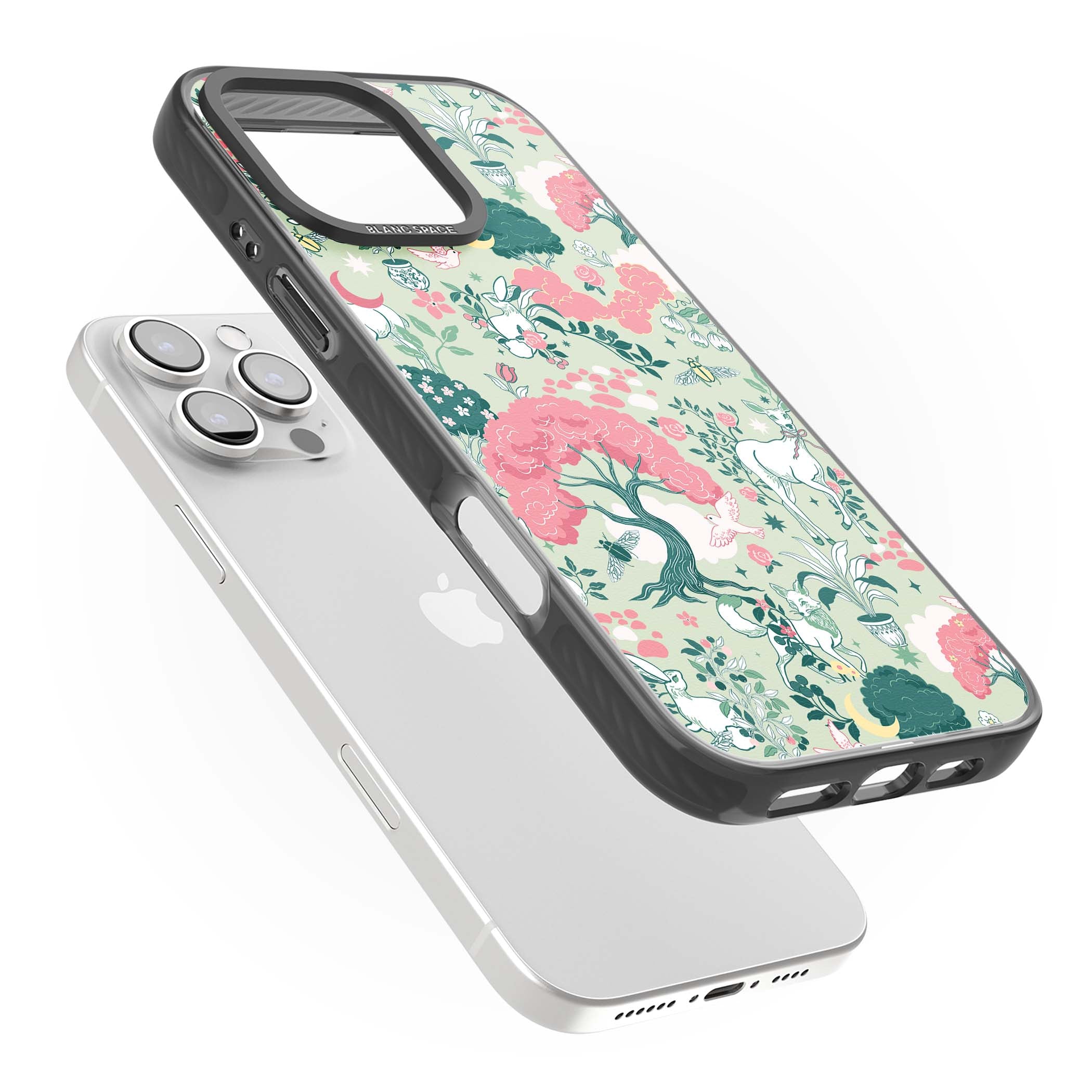Enchanted Woodland cottagecore iPhone case featuring white deer, pink roses, mushrooms and woodland animals on sage green | Black Impact case for iPhone 16 Pro, iPhone 16 Pro Max