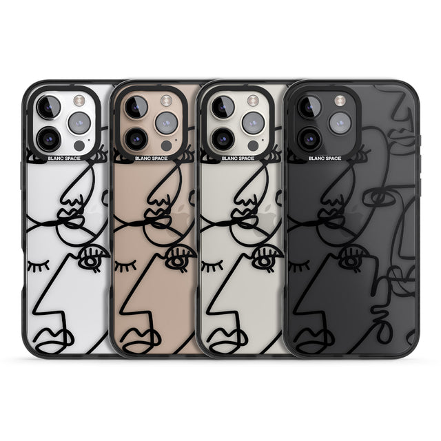 iPhone 16 Pro Max Abstract Continuous Line Faces Black on Clear Black Impact Phone Case