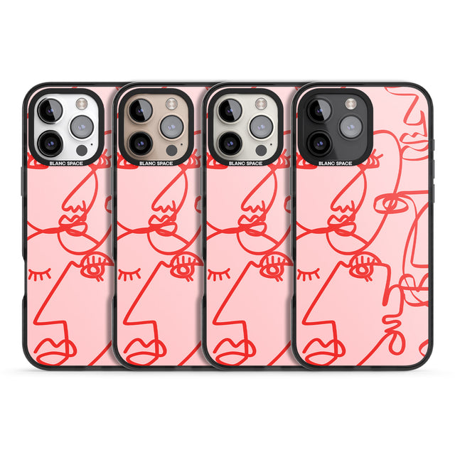 iPhone 16 Pro Max Abstract Continuous Line Faces Red on Pink Black Impact Phone Case