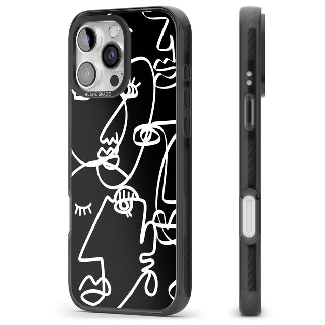 iPhone 16 Pro Max Abstract Continuous Line Faces White on Black Black Impact Phone Case