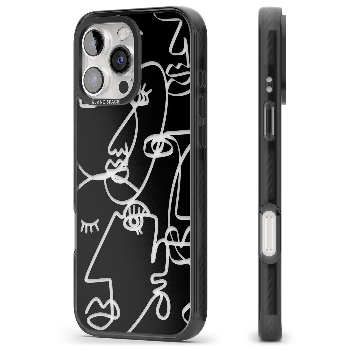 iPhone 16 Pro Max Abstract Continuous Line Faces Clear on Black Black Impact Phone Case