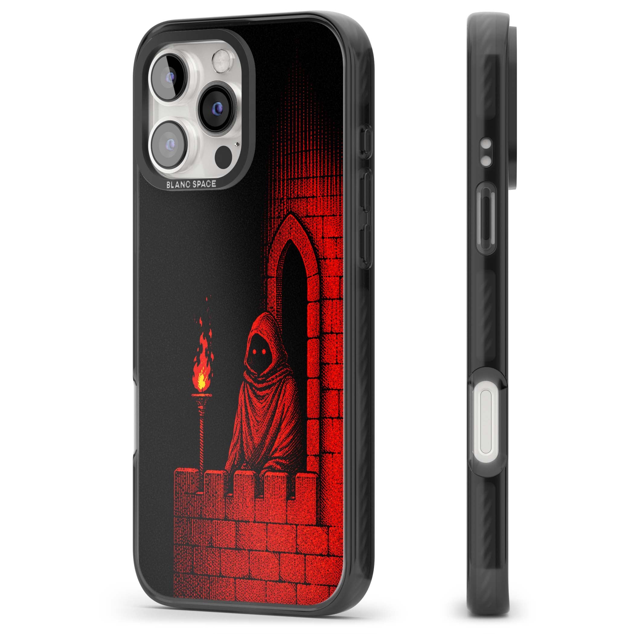 Crimson Crypt gothic iPhone case featuring a hooded reaper, torchlit crypt archway and red halftone horror art | Black Impact case for iPhone 16 Pro, iPhone 16 Pro Max