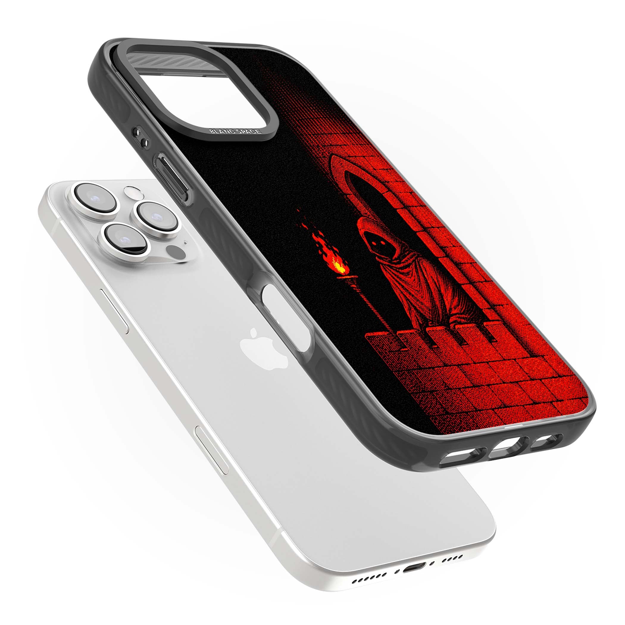 Crimson Crypt gothic iPhone case featuring a hooded reaper, torchlit crypt archway and red halftone horror art | Black Impact case for iPhone 16 Pro, iPhone 16 Pro Max