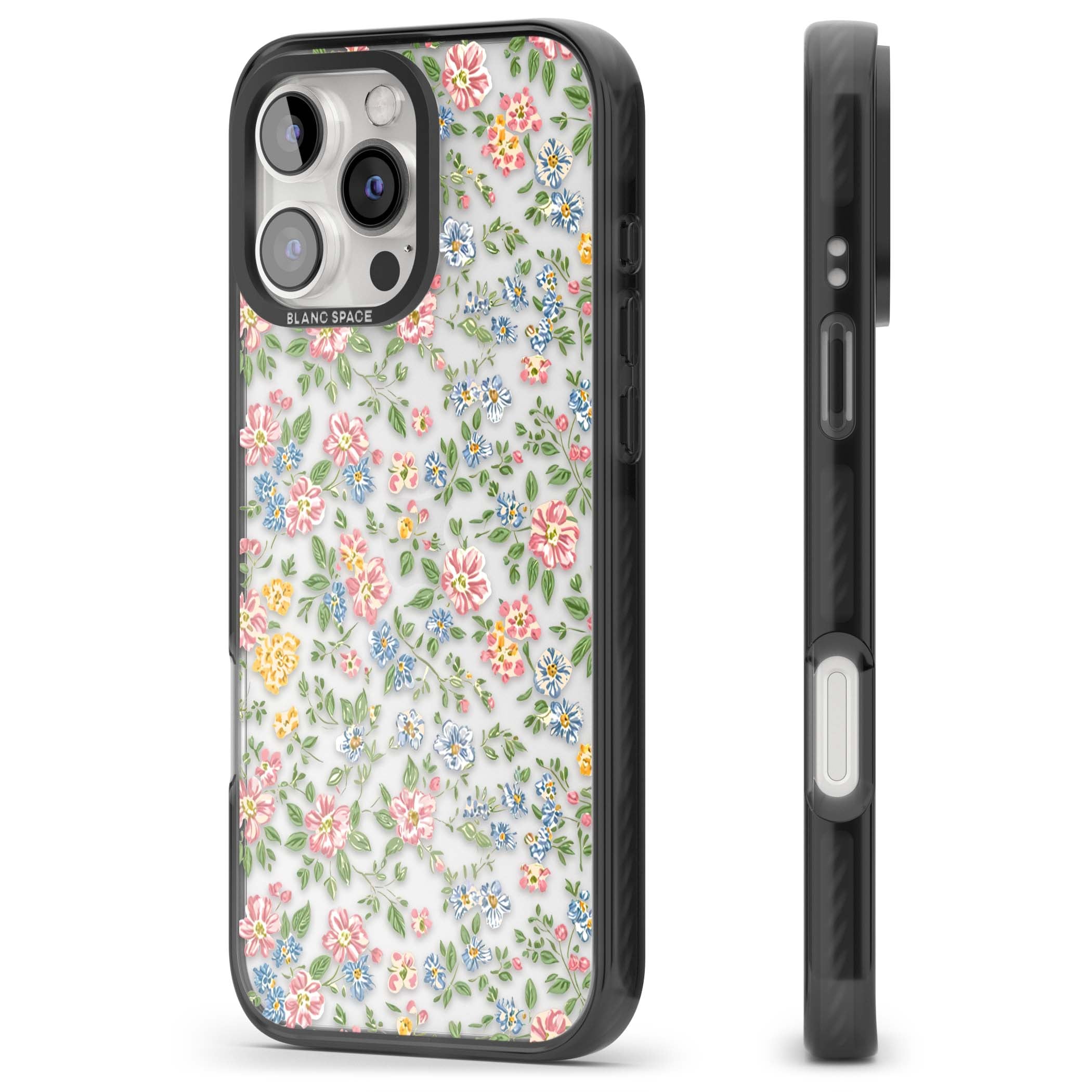 Soft Meadow cottagecore iPhone case featuring pink cosmos, blue forget-me-nots, yellow buttercups and green leaves sca | Black Impact case for iPhone 16 Pro, iPhone 16 Pro Max