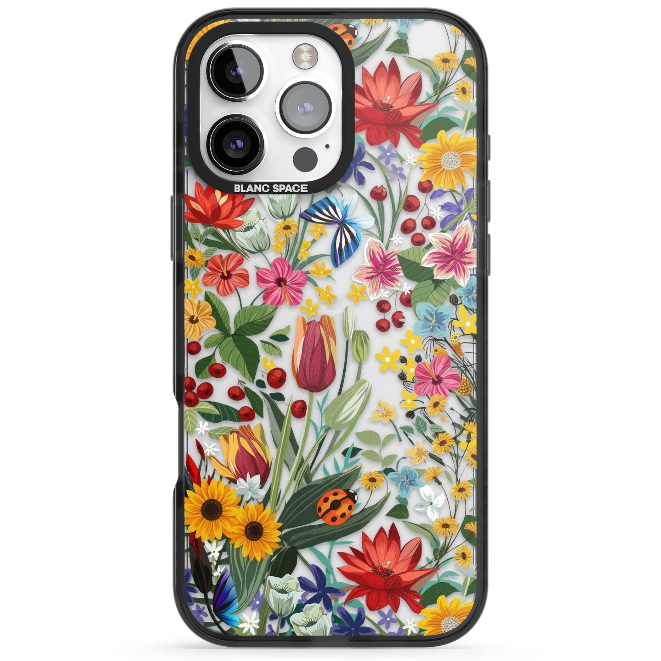 Botanical Bloom cottagecore iPhone case featuring colorful wildflowers, sunflowers, and ladybugs on clear background | Black Impact case for iPhone 16 Pro, iPhone 16 Pro Max